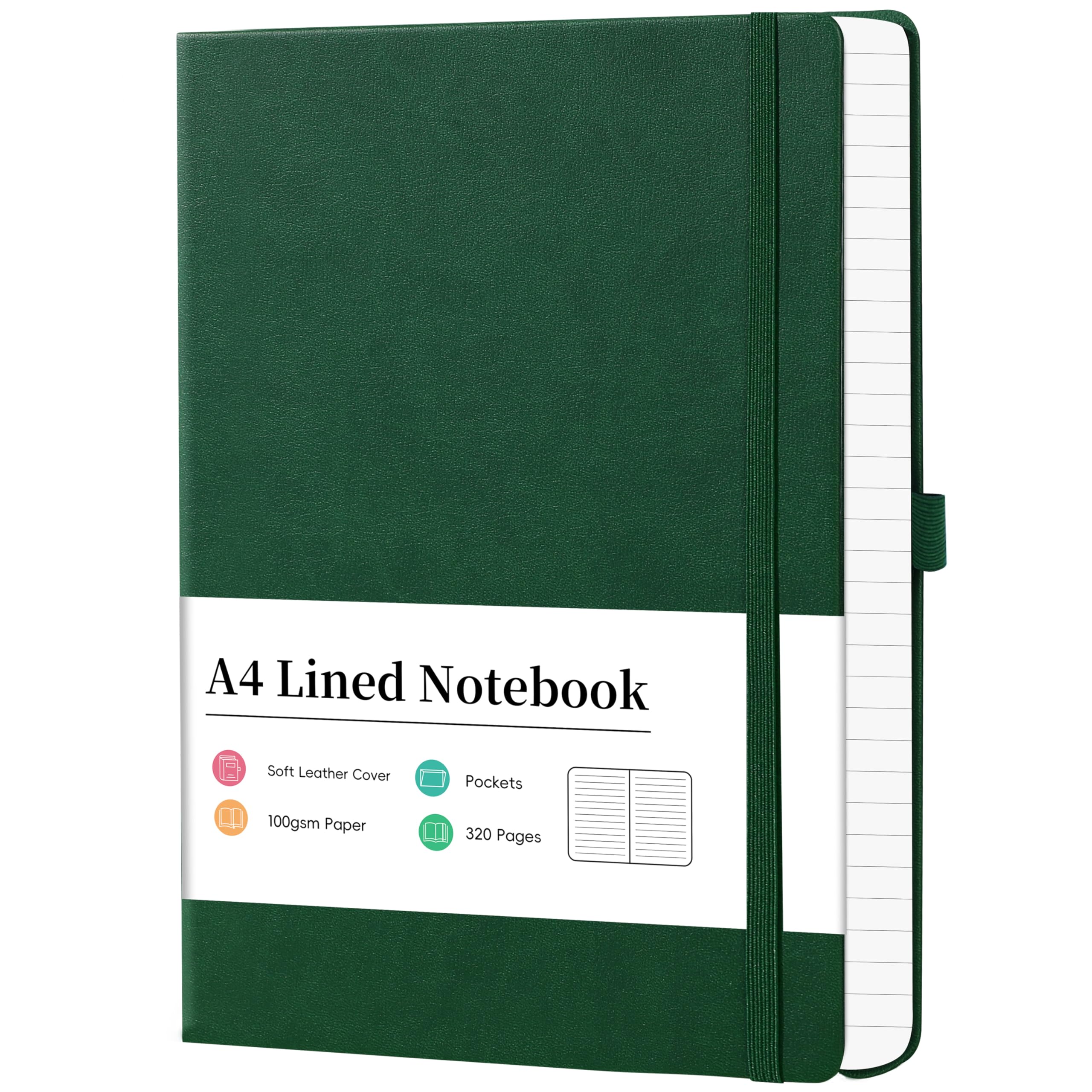 Artfan Notebook A4 - A4 Lined Notebook with 320 Pages Premium Paper, Faux Leather Classic Writing A4 Notebook Journal, 21.5 x 27.9cm, Hardcover, Green