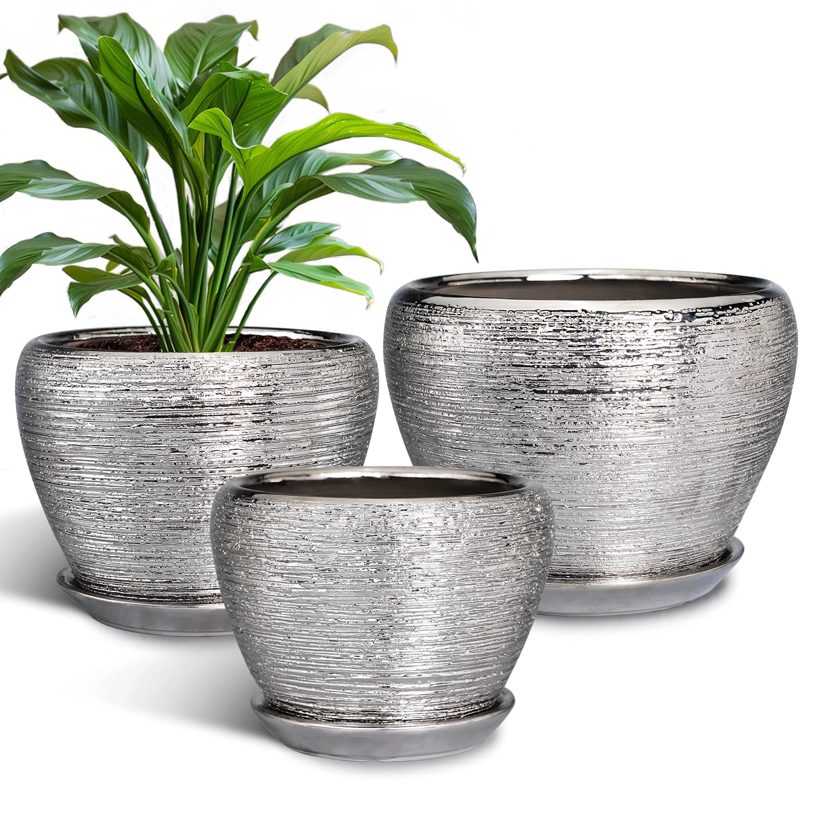 EPFamily Ceramic Planters - 10 Inch 8 Inch 6 Inch Plant Pots Indoor with Drainage Holes and Saucer Mid-Century Large Planters Outdoor Flower Pots for