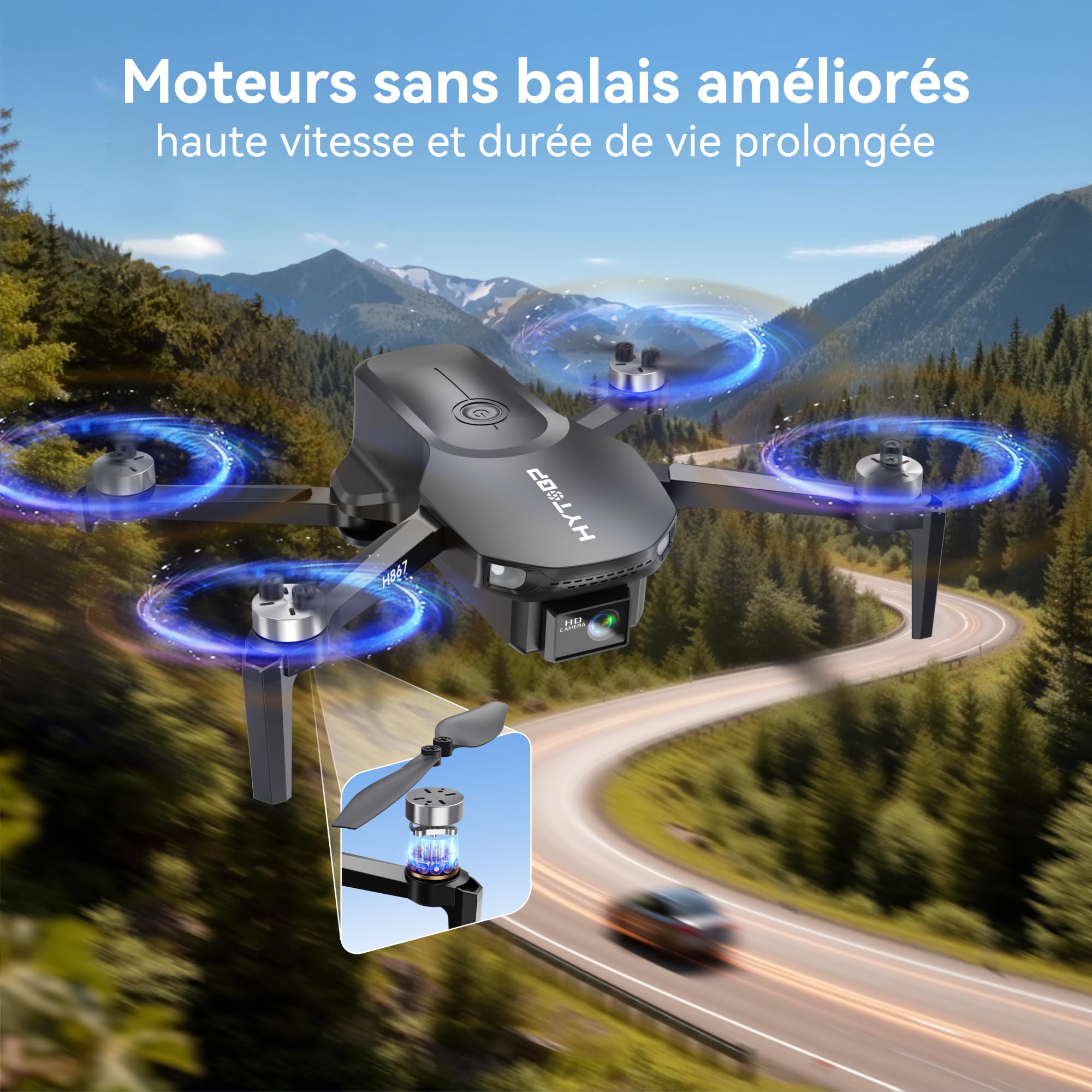 H867 Drone avec Caméra 4K pour Adultes et Débutants, Moteur Sans Balais, Quadricoptère RC Pliable avec 2 Batteries, Mode Sans Tête, Retournements à 360°(Noir)(Standard)