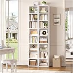 FOTOSOK White Bookshelf 8-Tier Narrow Bookshelf, 11.6 X 9.3 X 70.9 Tall CD DVD Media Tower Rack with 4 Adjustable Shelves, Tall Narrow Bookcase Slim Display Bookshelf with Cube Storage for Home Office