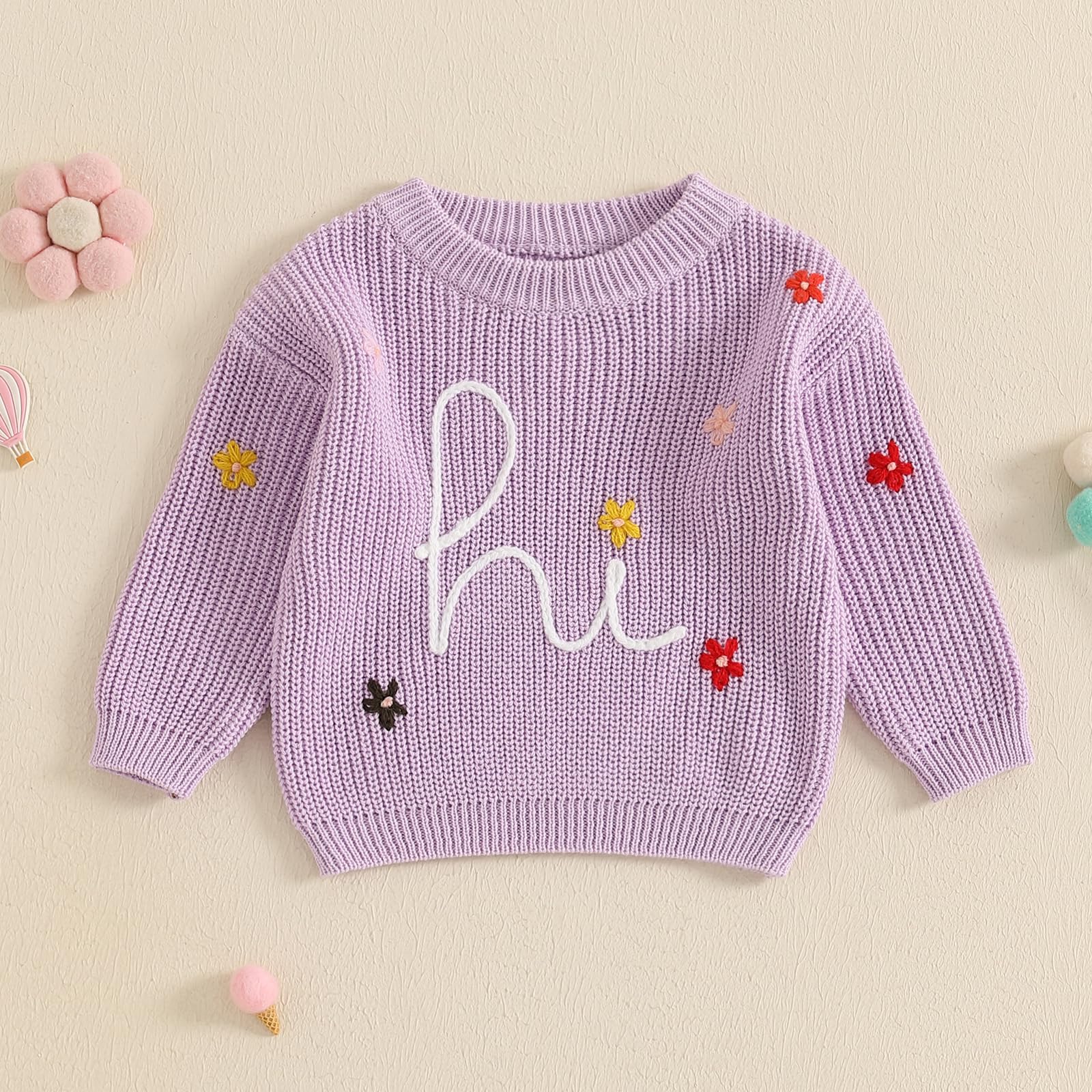 Toddler Infant Newborn Baby Girl Boy Sweater Hi Floral Knit Crewneck Sweatshirt Pullover Fall Winter Clothes (Purple, 0-3 Months)
