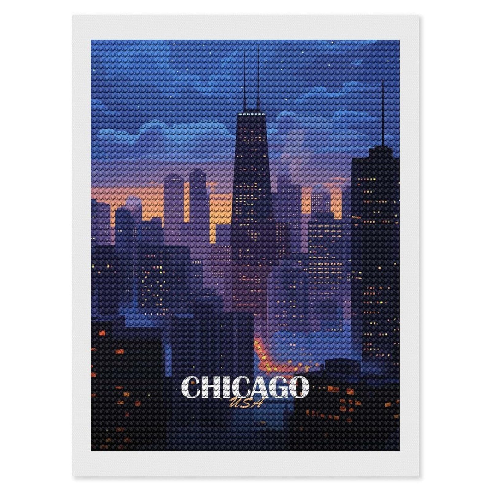 Junmoney Chicago Cityscape at Dusk Diamond Painting Set 12"x16", Neat Printed Canvas, with Tool Kit, Bedroom Decor, Gift Idea, Complete Accessories