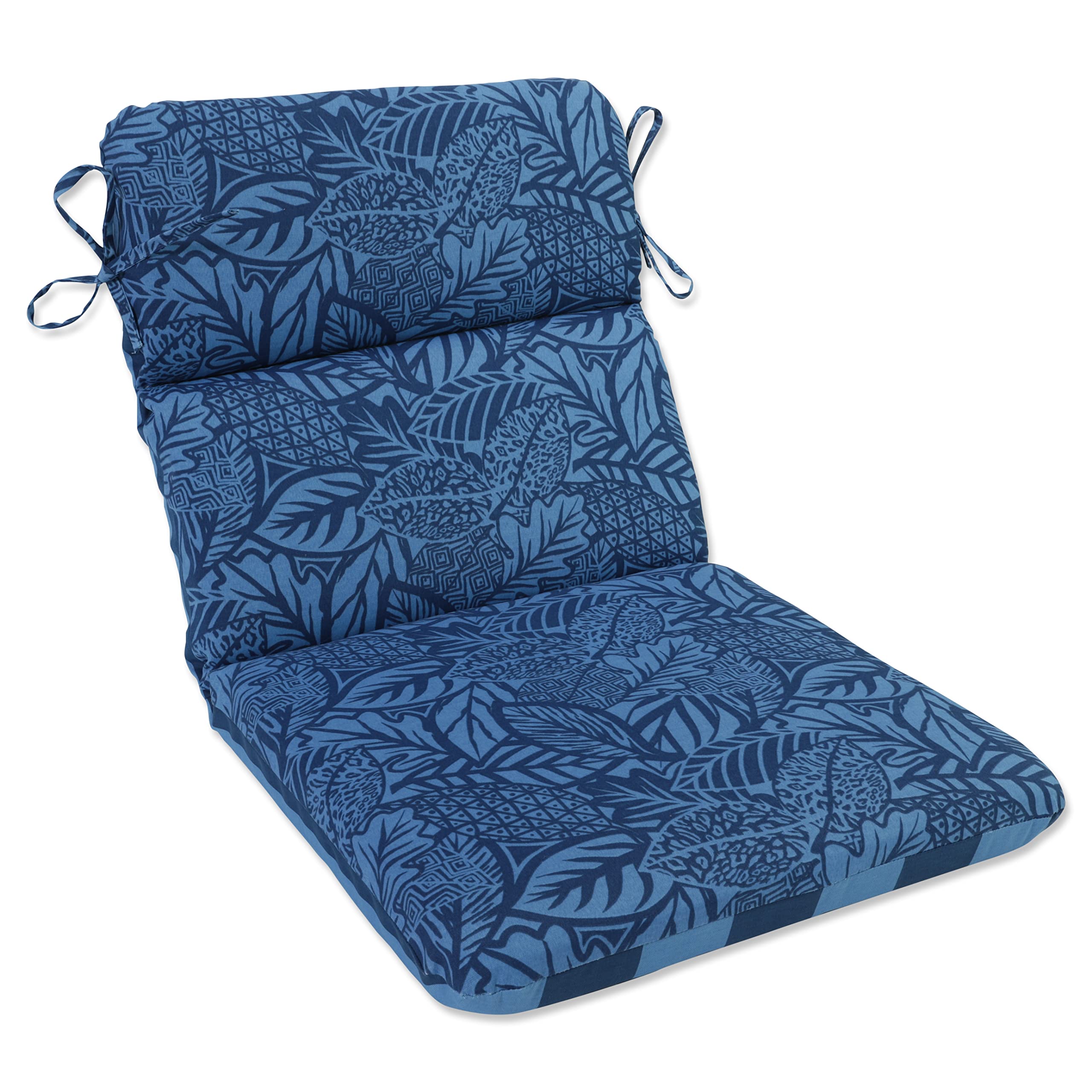 Pillow Perfect Reversible Botanical Stripe Indoor/Outdoor 1 Piece Split Back Round Corner Chair Seat Cushion with Ties, Deep Seat, Weather, and Fade Resistant, 40.5" x 21", Blue Maven, 1 Count