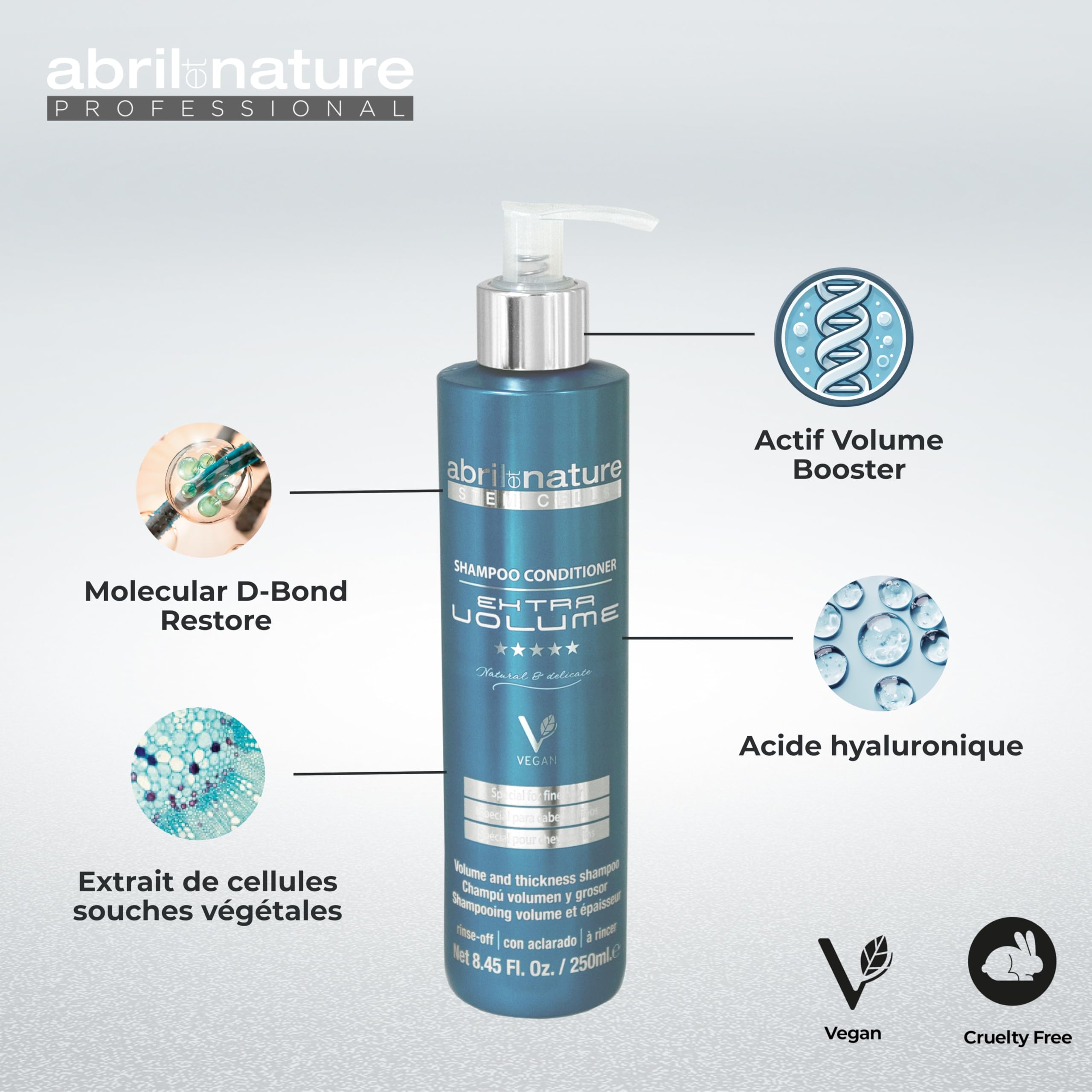 abril et nature - Bain Shampoo Extra Volume - Shampoing Hydratant - 1000 ml - Pour Cheveux Fins et Très Fins - Soin des Cheveux aux Cellules Souches - Produit Végan - Booster de Volume