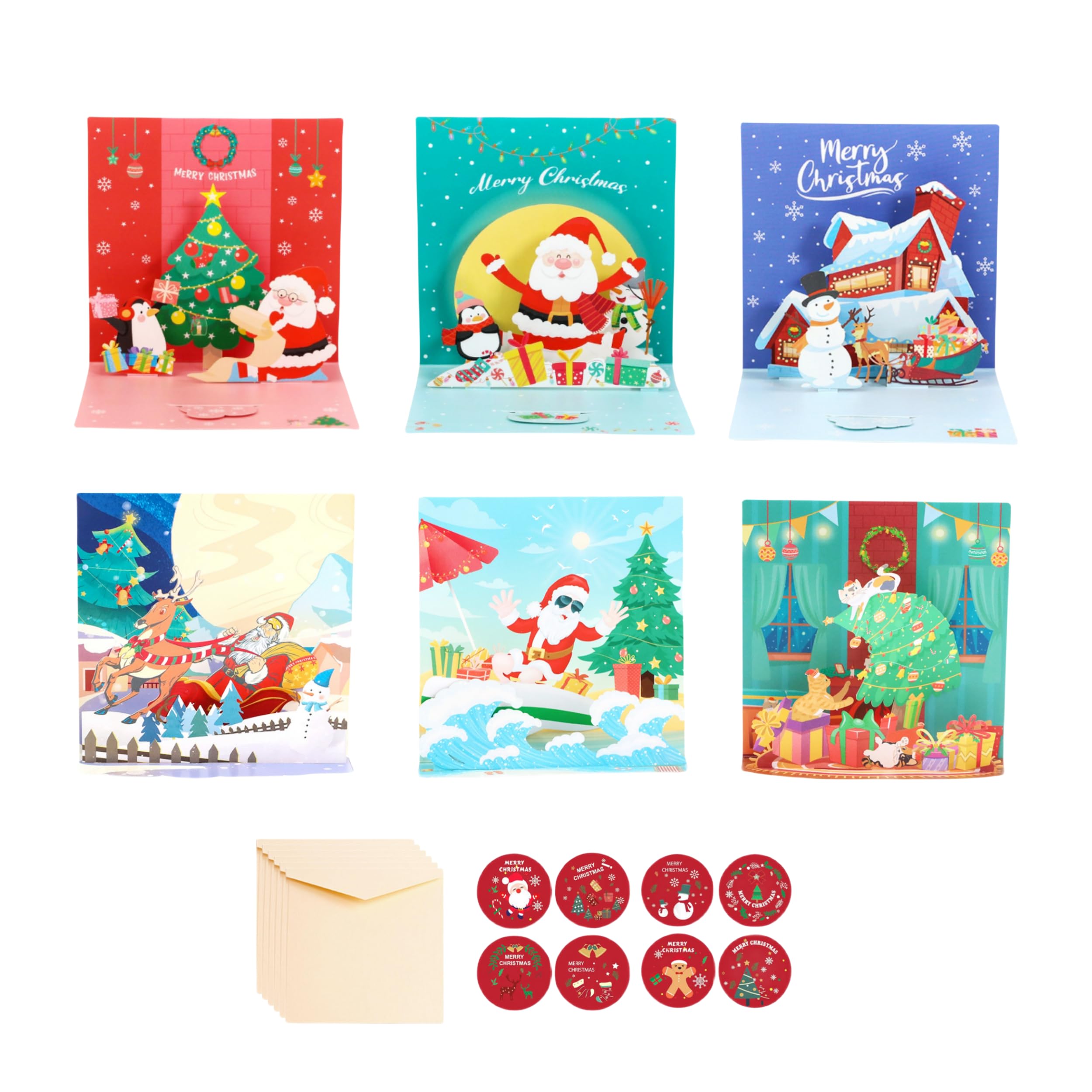 Al Aoyama Christmas Cards Set of 6, 3D Pop-Up Funny Christmas Greeting Cards with Envelopes and Stickers, Seasons Greetings Cards for Family and Friends (Small Size)