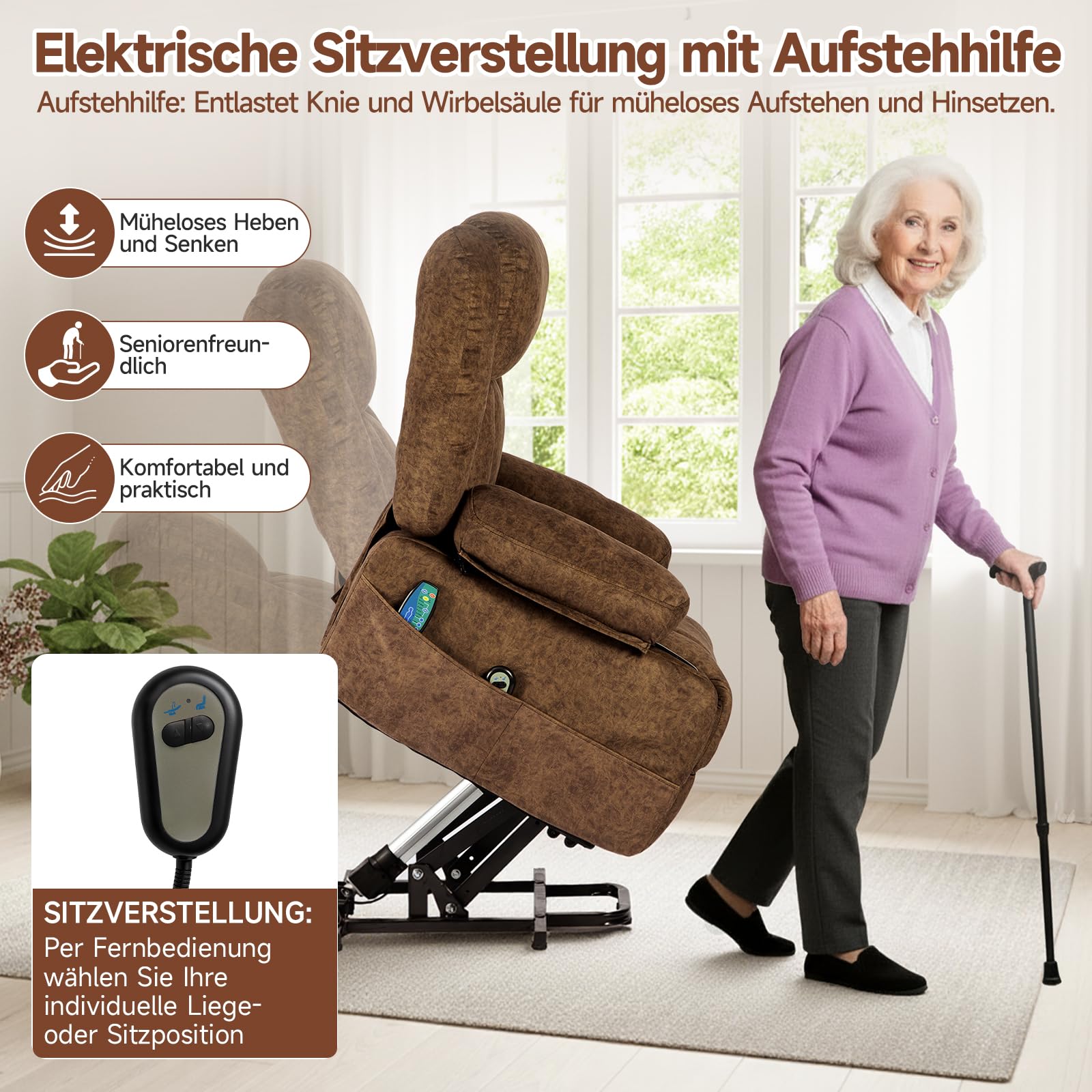 HAUSPROFI Fernsehsessel mit Aufstehhilfe Elektrisch,Massagesessel mit Wärmefunktion,Relaxsessel mit Liegefunktion,Samt Sessel Wohnzimmer mit Ablagefach, 2 Getränkehalter & 6 Seitentaschen