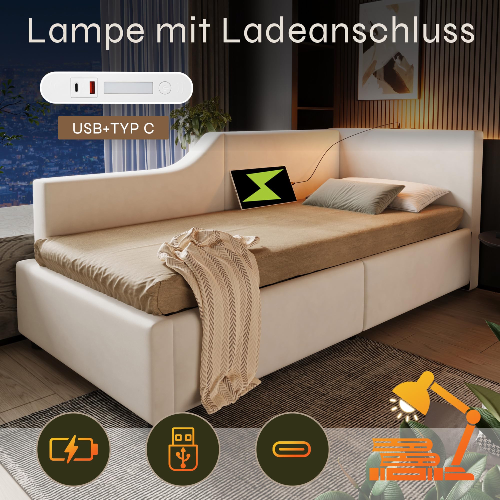 Aoskem Daybett 90x200cm Mit LED-Beleuchtung & Rollbett - Modernes Polsterbett In Beige