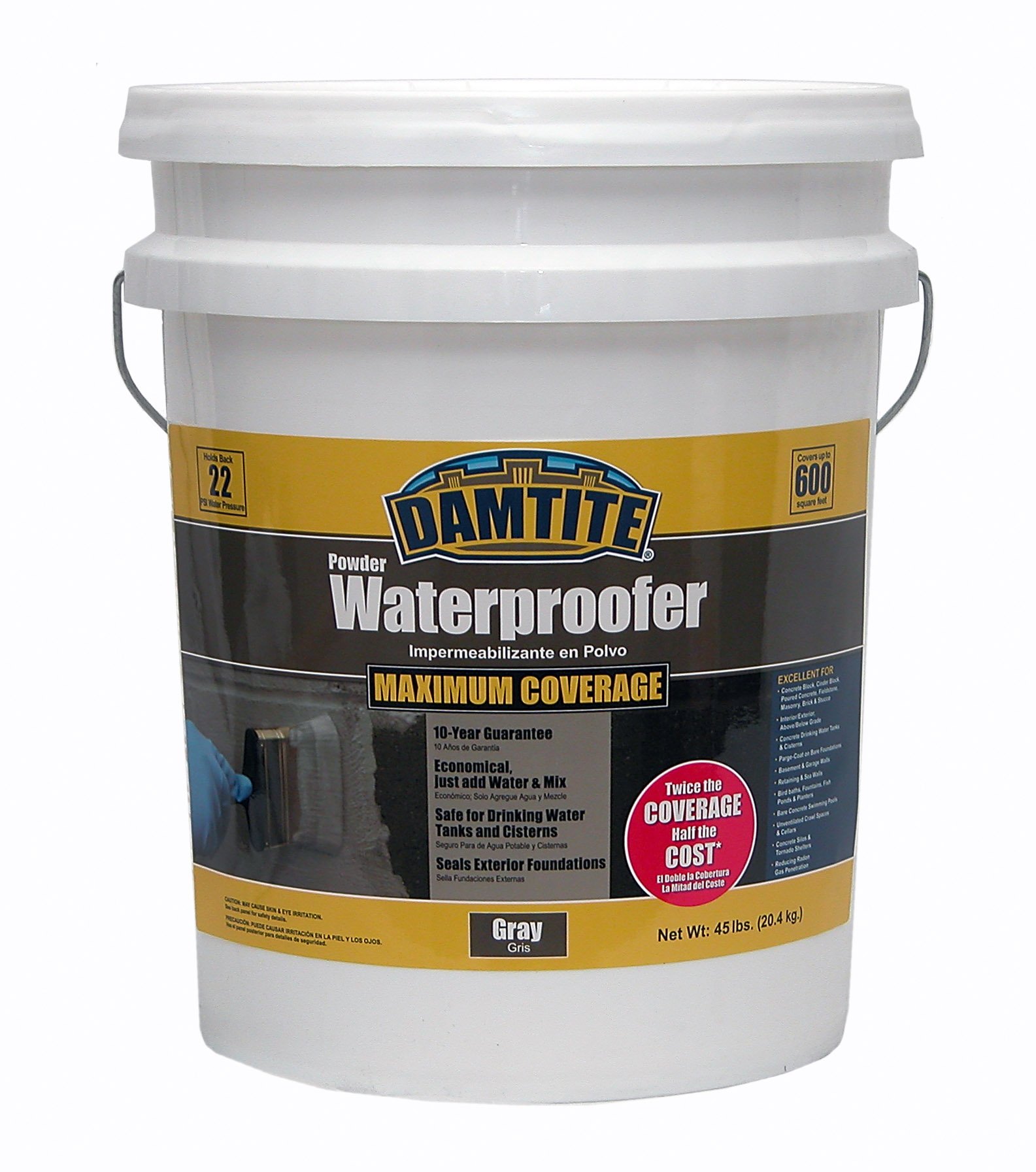 DAMTITE Maximum Coverage Powder Waterproofer, Apply to Wet or Dry Walls, Twice The Coverage Compared to Competition (Gray, 45lb)