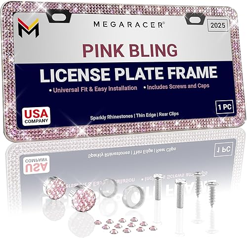 Mega Racer Marco de matrícula rosa brillante, 1 paquete 650 piezas de diamantes de imitación de cristal de alta calidad, 2 agujeros de acero