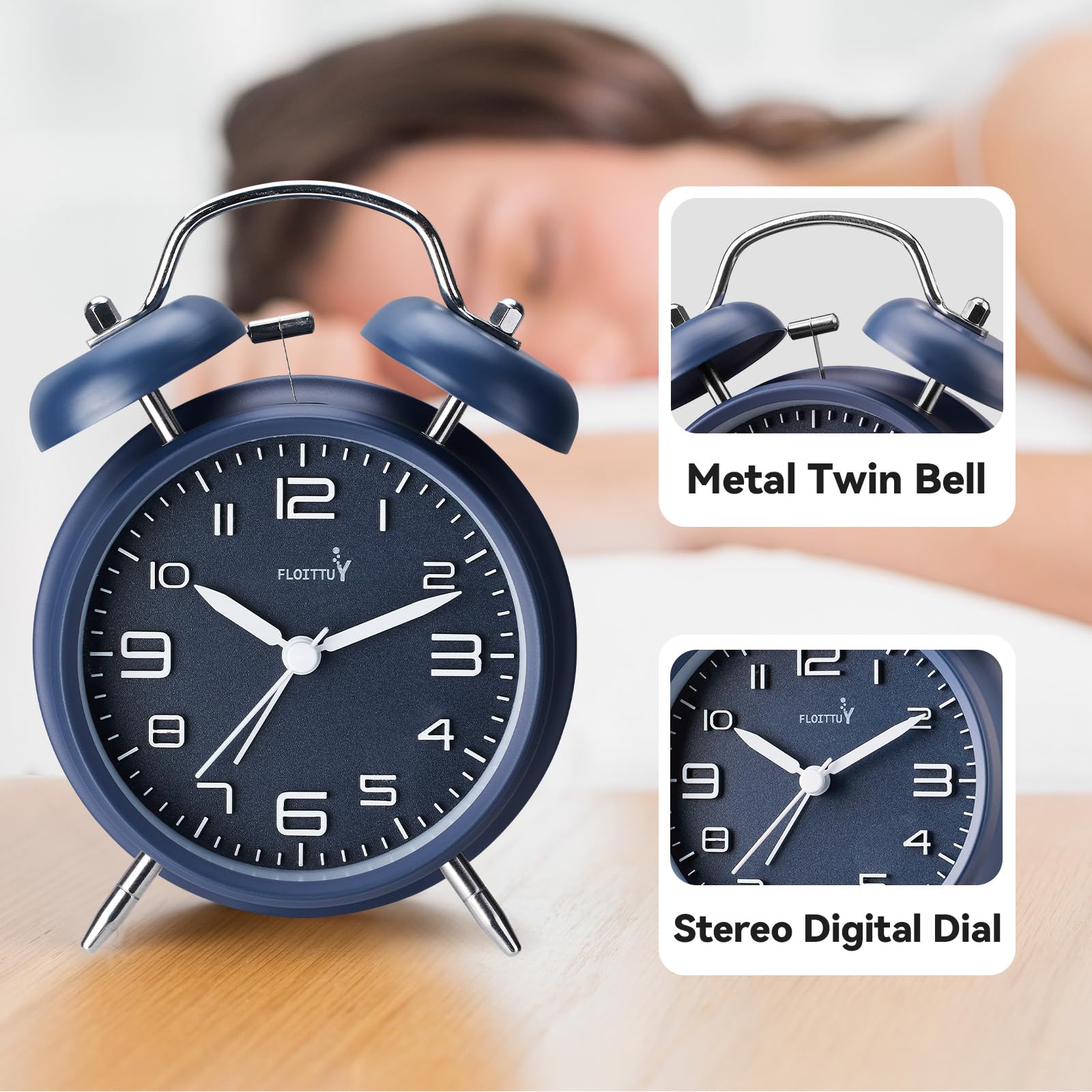 FLOITTUY Alarma fuerte para personas que duermen profundamente, reloj despertador de doble campana de 4 pulgadas, reloj despertador estéreo digital con retroiluminación para dormitorio y decoración