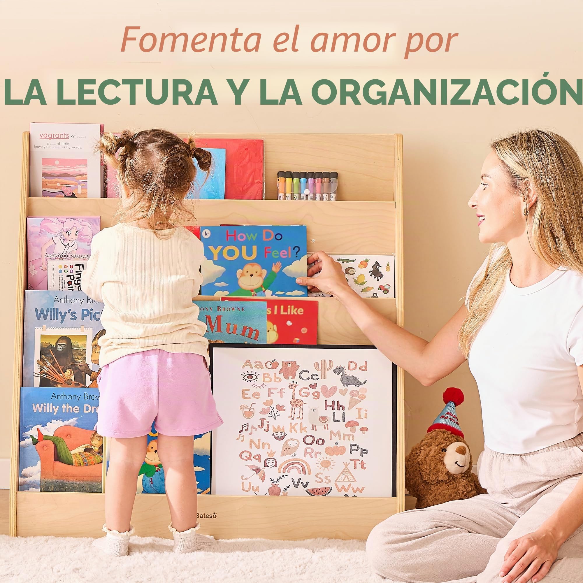 Bateso Estantería Infantil de una Cara, estantería de Madera para Libros de 4 Niveles, Soporte para revistas, Ideal para dormitorios, Salas de Juegos, oficinas, Salones, guarderías y aulas.