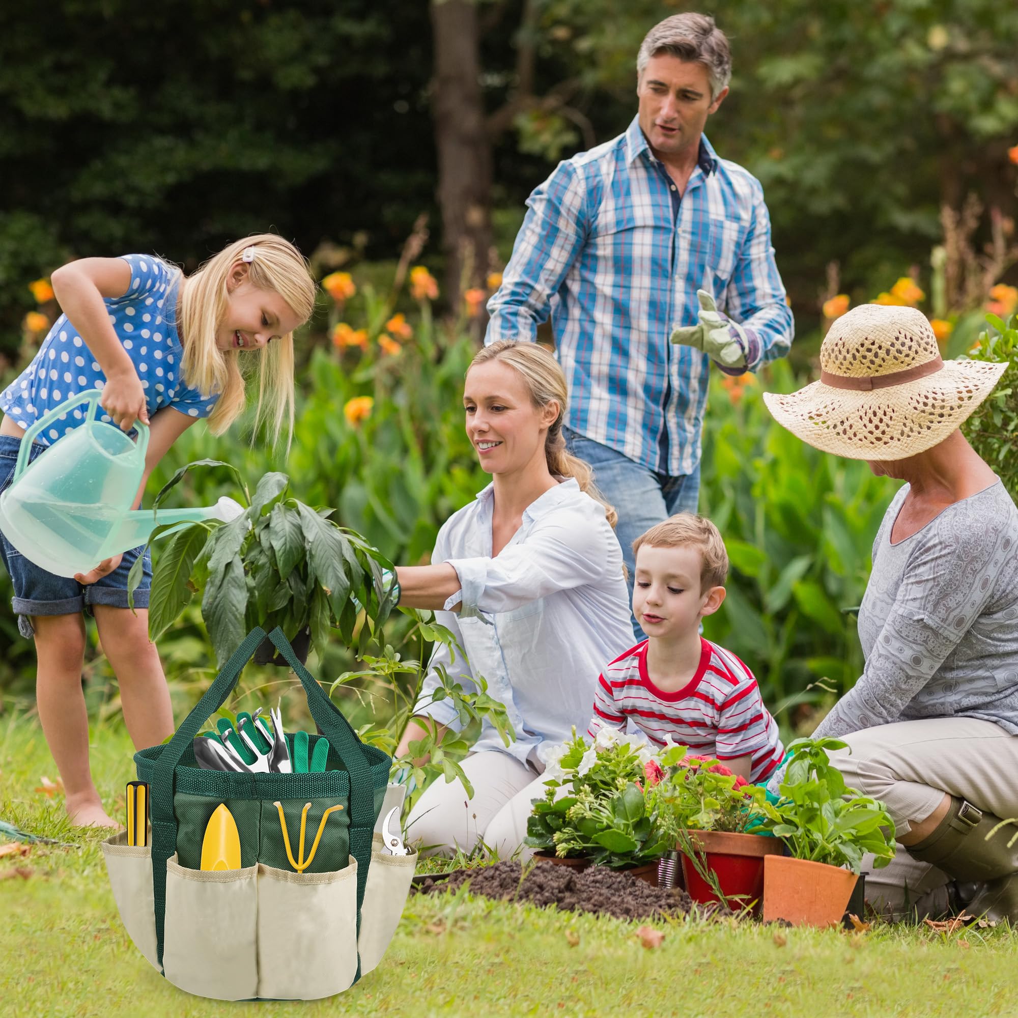 Borsa per Attrezzi da Giardino, 7.5" x 8" Organizer per Attrezzi da Giardinaggio, Tessuto Oxford Giardino Borsa con 6 Tasche Esterne, Tote Attrezzo da Giardino Portatile per Lavori di Giardinaggio