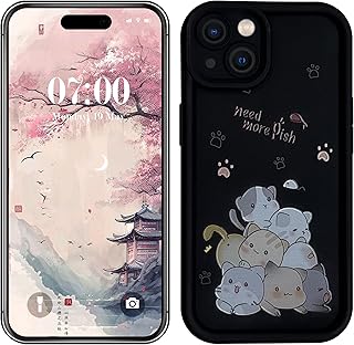 جراب من السيليكون والبولي يوريثين الحراري بحماية للكاميرا وطباعة مبهجة ثلاثية الأبعاد لموبايل آبل آيفون 15 بلس 6.7 بوصة (قطط سعيدة)