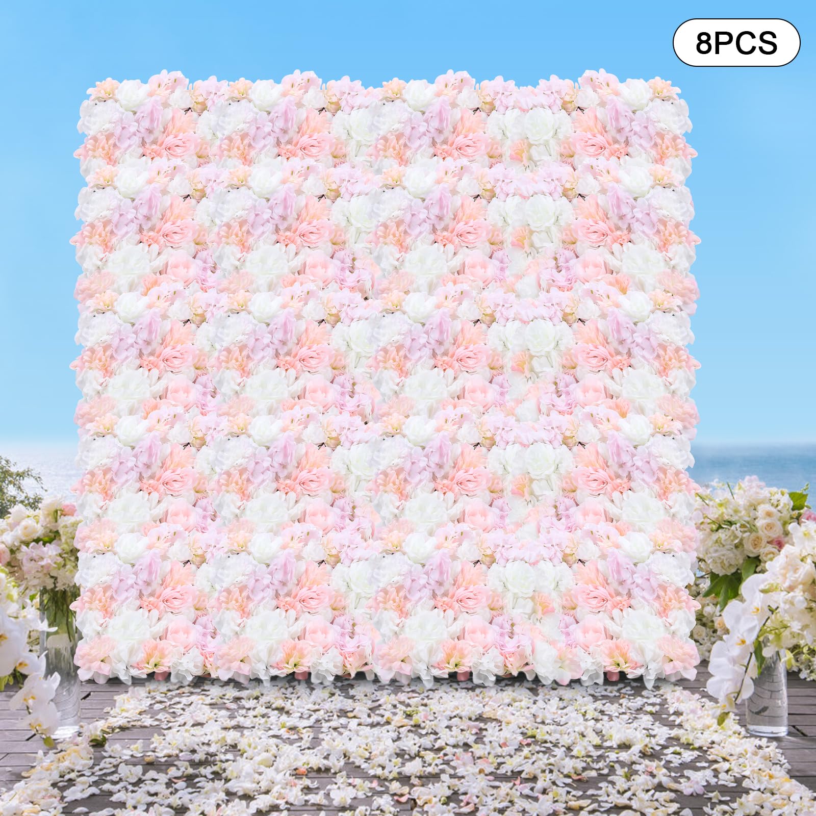 WooDerson 8 Stück Blumenwand Kunstblumen Rosa+Weiß 60x40cm Wandpaneel Mit Künstlichen Blumen Für DIY Hochzeit Party Festival Haus Garten Dekoration, Kunstblumen Deko