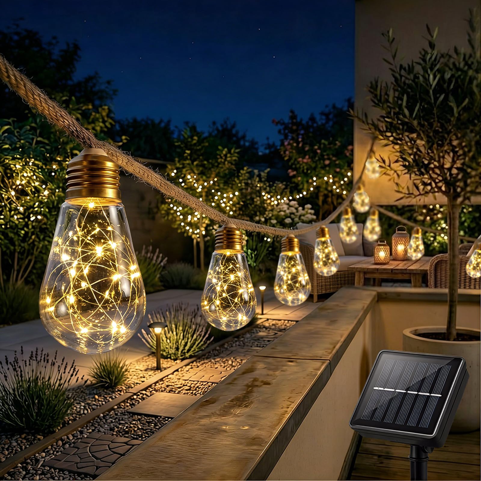 Cnulenzt Solar lichterkette aussen, 16 Glühbirnen 8M/8 Modi Solar Lichterkette for Außen mit Hanfseil, IP65 Wasserdich,für Garten, Balkon, Hochzeit, Party (Warm Weiß)