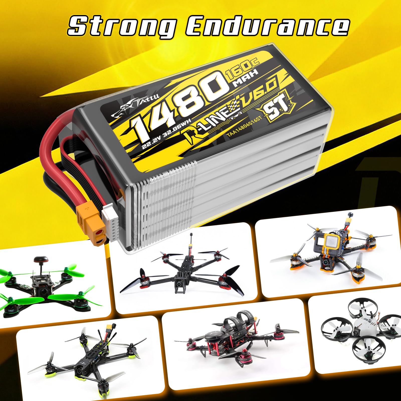 Tattu 6S 1480mAh R-Line V6 22.2V 160C Batería LiPo con XT60 – Versión ST – Batería de Alto Rendimiento para Drones FPV Racing y Freestyle