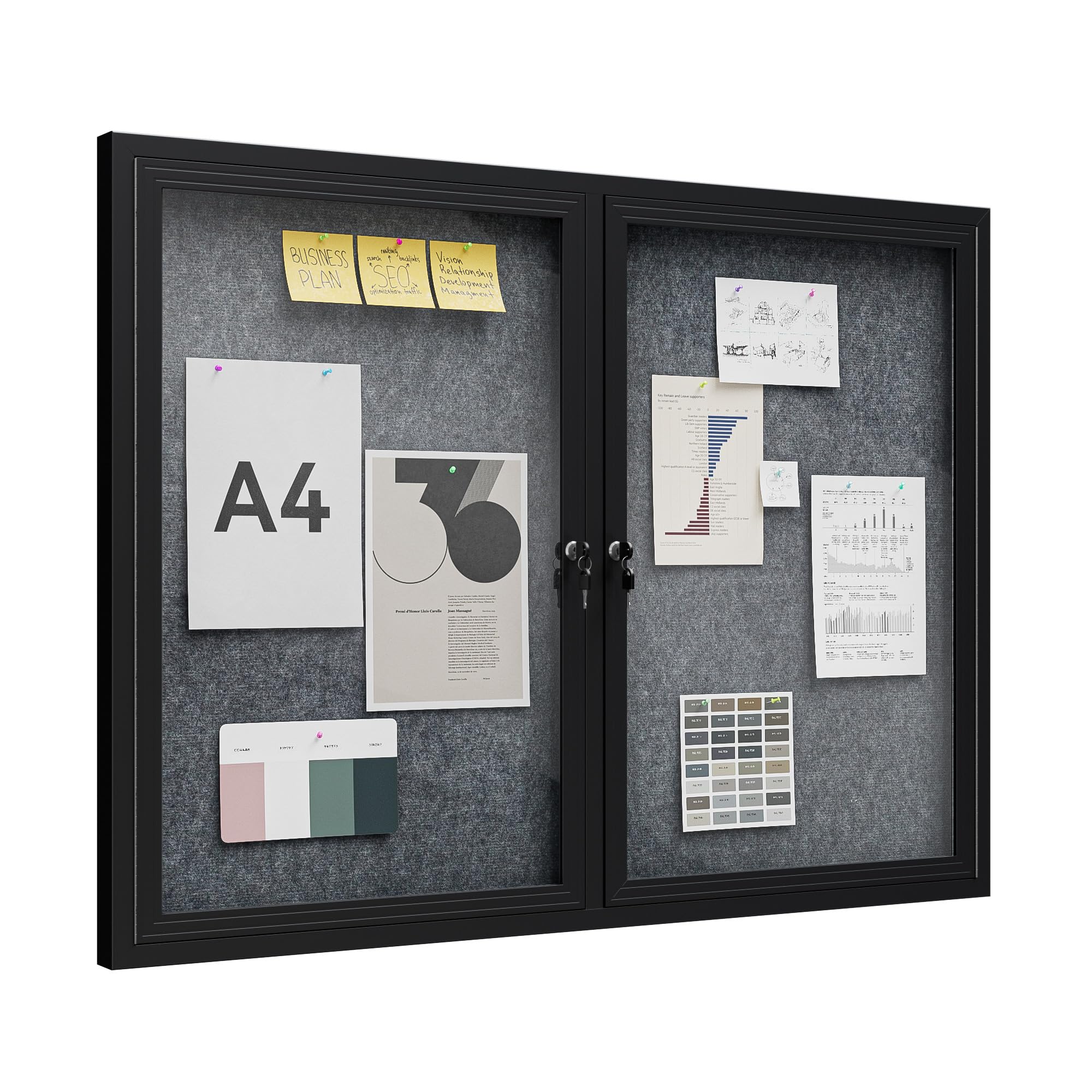 48"x36" Lockable Enclosed Bulletin Board, Outdoor Flet Weather-Resistant Aluminum Frame Notice Board, Wall Mounted Display Case Acrylic Doors for School,Office,Black Frame w/Grey Flet
