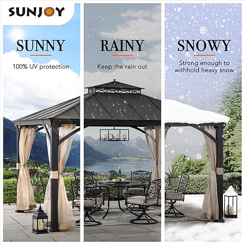 Miniatura 6 de Sunjoy Gazebo de techo rígido de 11 x 13 pies, para patio al aire libre, marco de aluminio antioxidante, con gancho para el techo y red de malla,