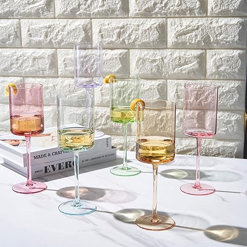 Miniatura 4 de Khen Juego de 6 copas de vino de cristal cuadradas de colores, regalo para ella, él, esposa, amigo, tamaño grande de 12 onzas, vasos altos de estilo