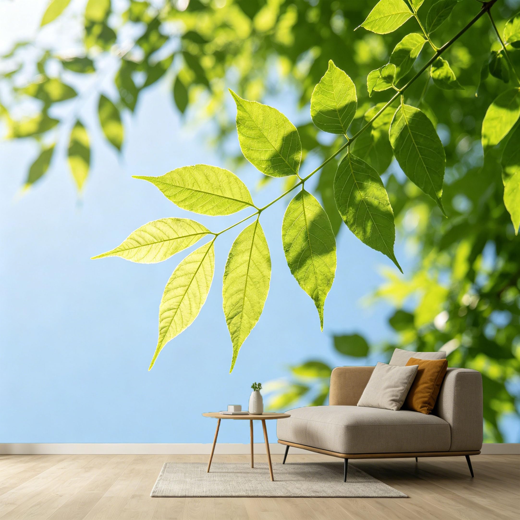 Custom Size Wall Murals Botanical Sunlight Leaves Modern Minimalist Tree Branch Sky Blue SelfAdhesive Wall Fabric Removable Large Wallpaper for Photo Living Room