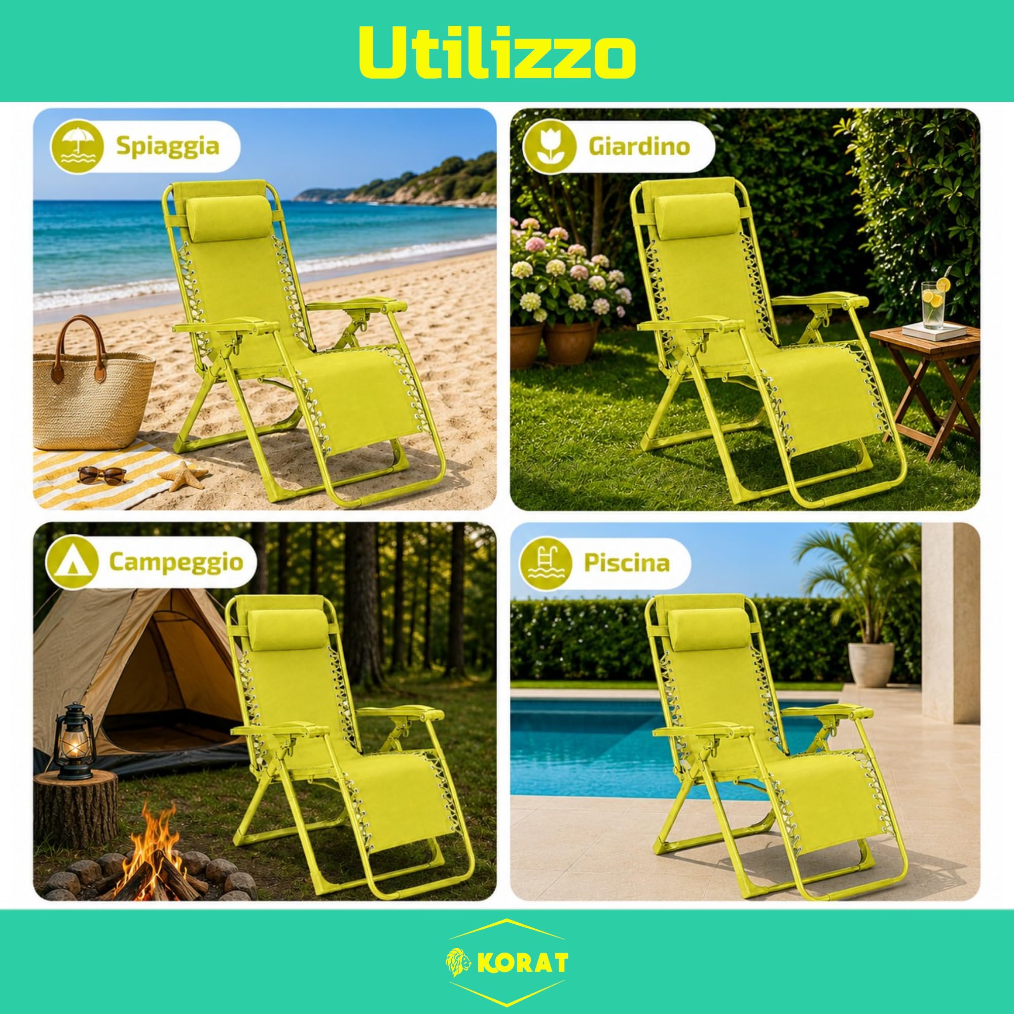 KORAT - Set 4 Sedie Sdraio Pieghevole Reclinabile Zero Gravity da Giardino e Spiaggia, con Poggiatesta e Braccioli, Struttura in Acciaio, Tessuto Oxford Impermeabile, 110x65x90 cm - Giallo Lime