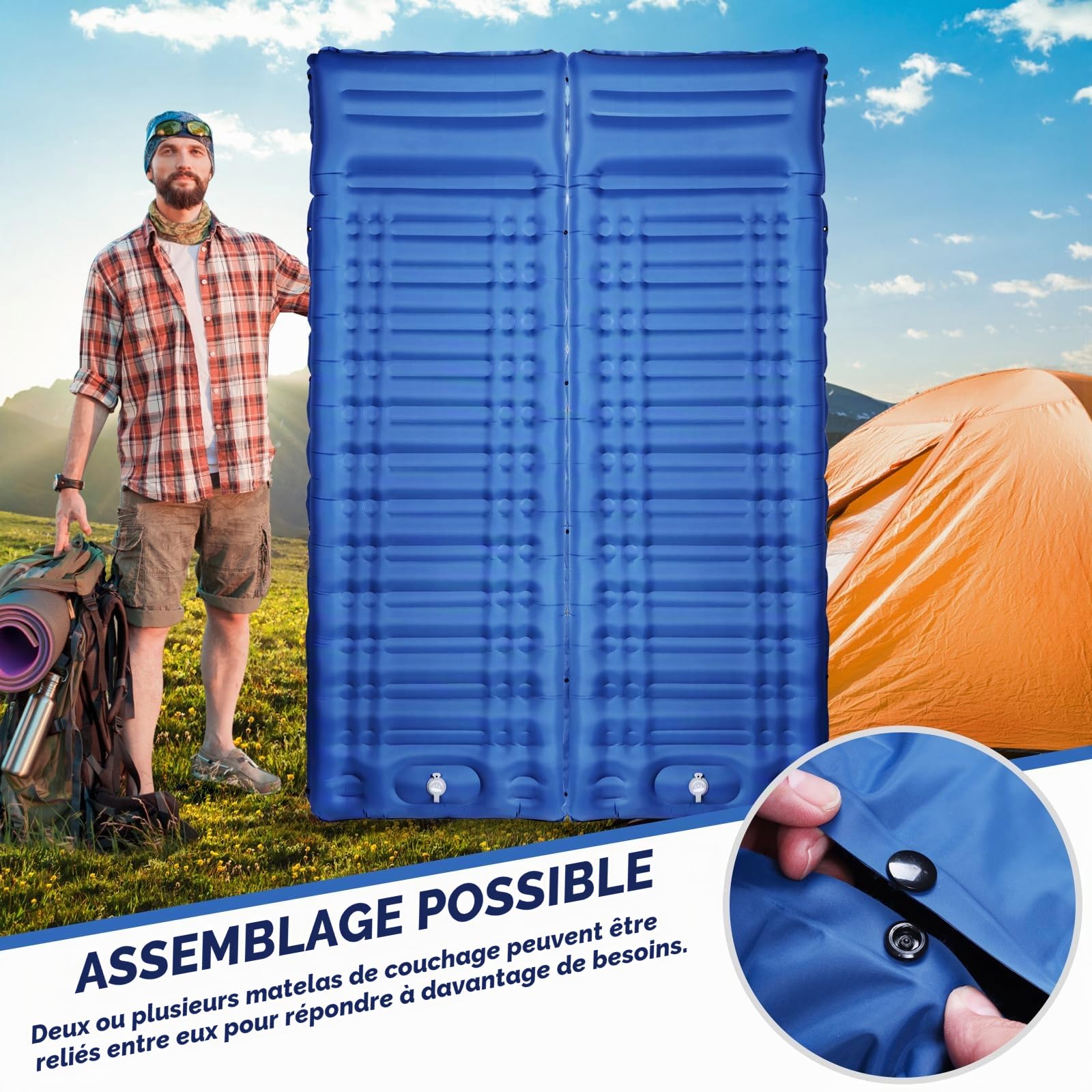 Matelas Gonflable Autogonflant avec Oreiller Étanche Portable pour Voyage, Plage, Tente, Sac de Couchage - Bleu