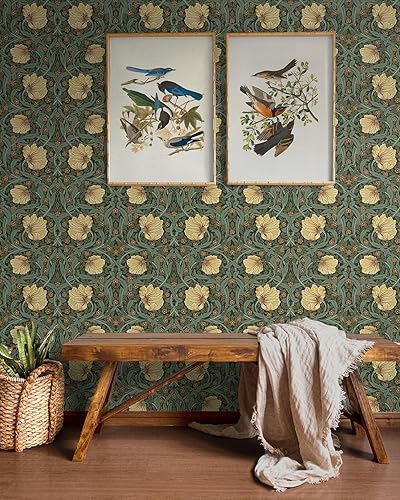 Miniatura 2 de NextWall Pimpernel Garden - Papel tapiz vintage para despegar y pegar (verde prado y ámbar)