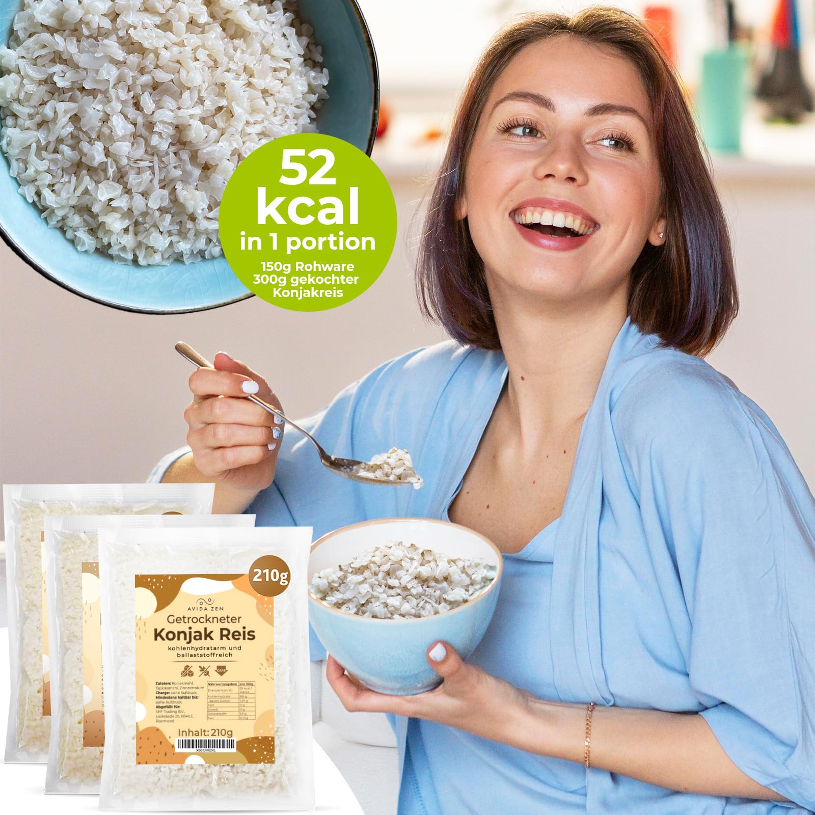 AVIDA ZEN Konjak Reis, Zero und kohlenhydratarm, Shirataki kalorienarm | Konjakreis getrocknet 3x210g ballaststoffreich Keto freundlich, glutenfrei und vegan, Konjac rice wenig Kalorien