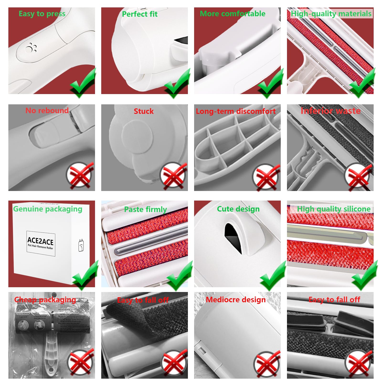 ACE2ACE Rullo Togli Peli Animali, Spazzola Togli Peli Animali, Lint Rullo Spazzola per Cani e Gatti, Animali Domestici peli Rimozione, Rimuovi la Pelliccia su Piace Cuccia, Tappeti e Divani-Rosso