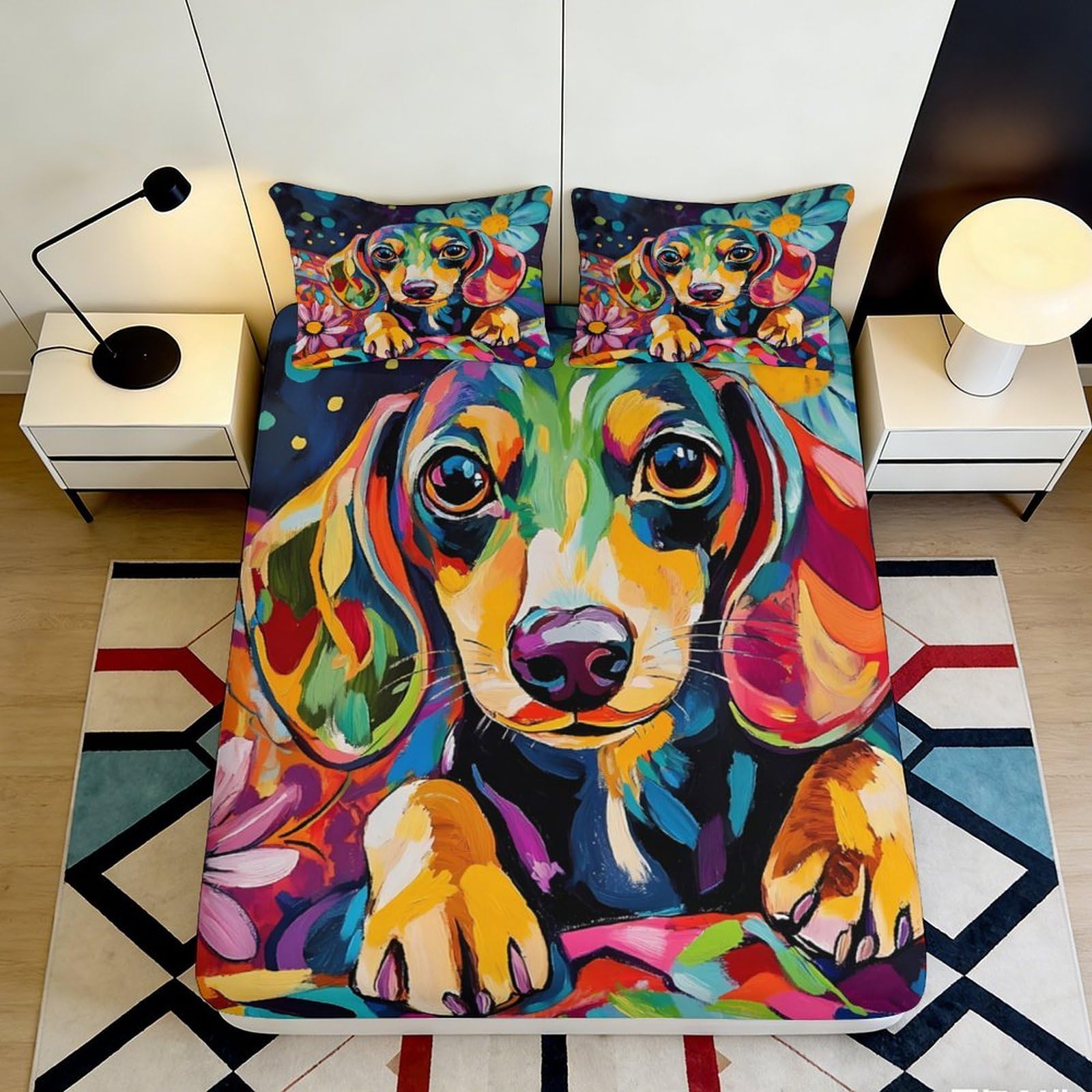 Dhbaneiok Style-8 3D Printed Colorful Dachshund Fitted Sheet Microfiber Soft Artistic Dog Bed Cover For Bedroom Guest Room Decor 90X200x25cm