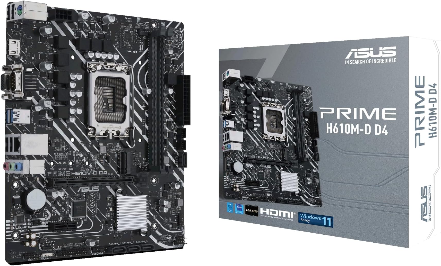 Asus Prime H610M-D D4 Intel® H610 (LGA 1700) mic-ATX motherboard with DDR4, PCIe 4.0, M.2 slot, Realtek 1 Gb Ethernet, HDMI®, D-Sub, USB 3.2 Gen 1 ports, SATA 6 Gbps, COM port