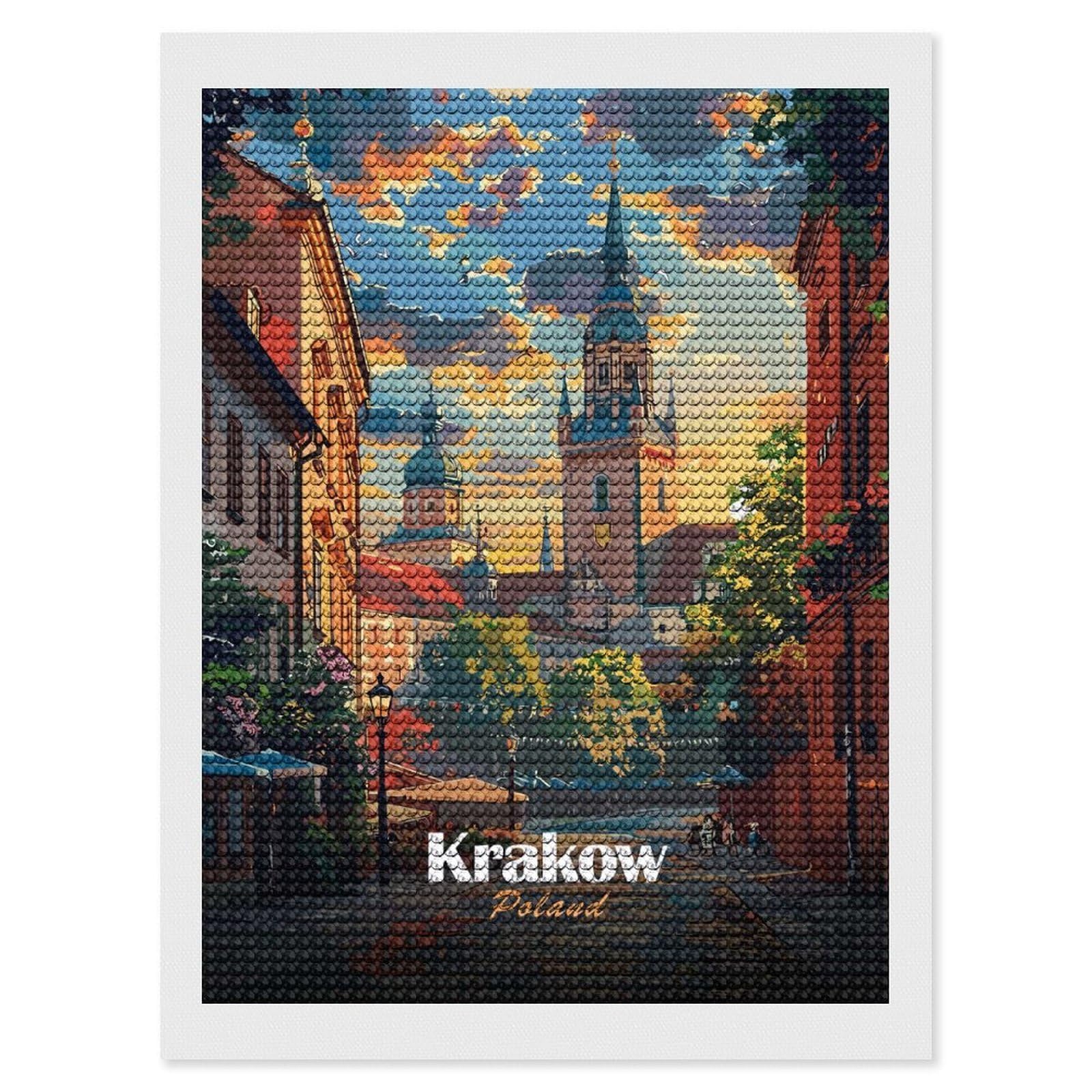 Junmoney Krakow, Poland Cityscape Illustration Full Drill Diamond Painting Kit 12"x16", for Teens, Calming Craft to Unwind, Home Wall Decor, Christmas Gift