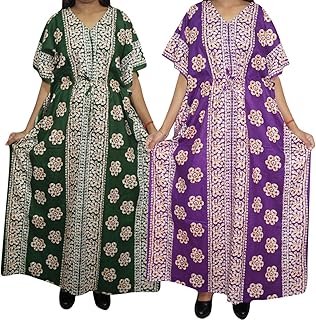 Mogul Interior 2Pc Womens Caftan Maxi Dress Bohochic Printed Cover Up Kimono Dress One Size Purple,Green