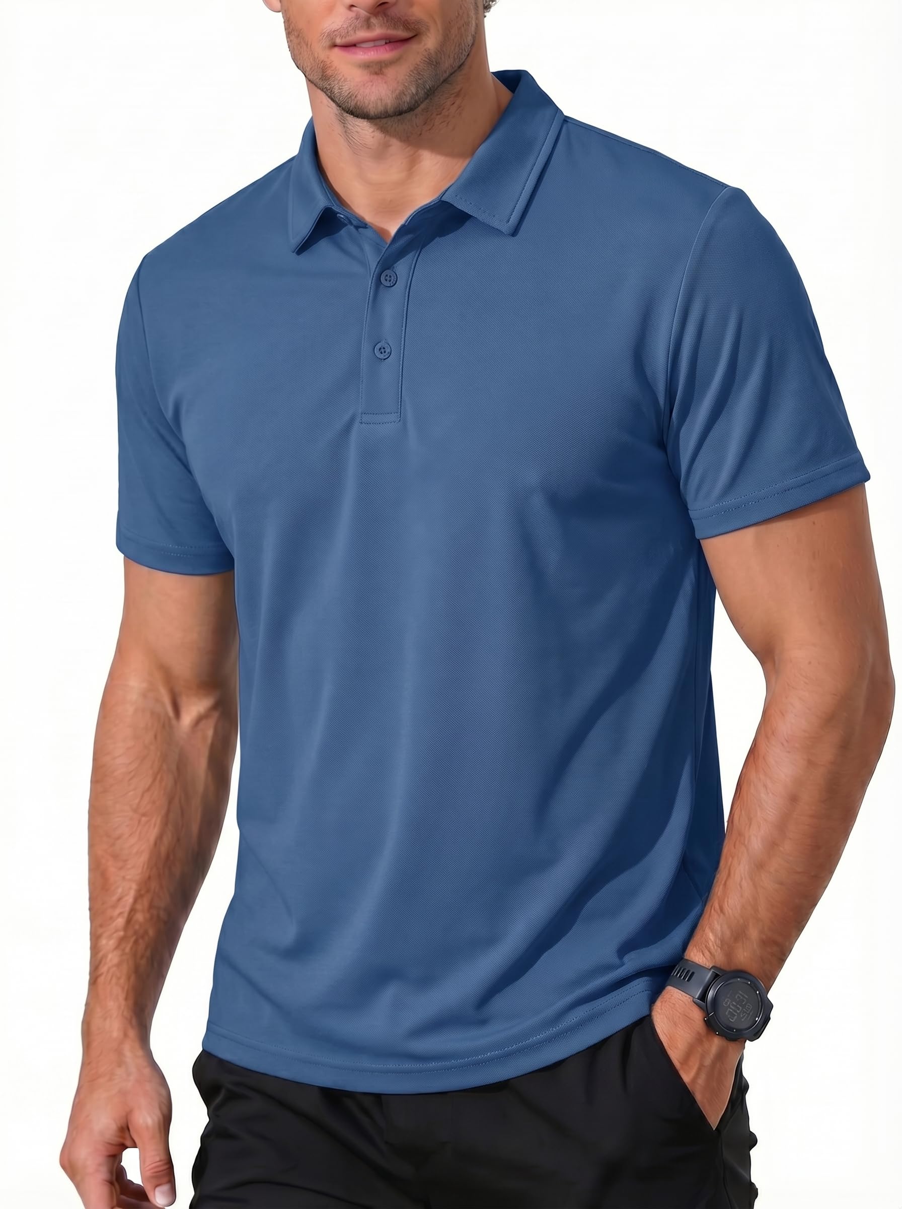 KEFITEVD Herren Poloshirt Kurzarm-T-Shirt mit gestreiftem Ausschnitt, unifarben, taschenlos Herren T-Shirt