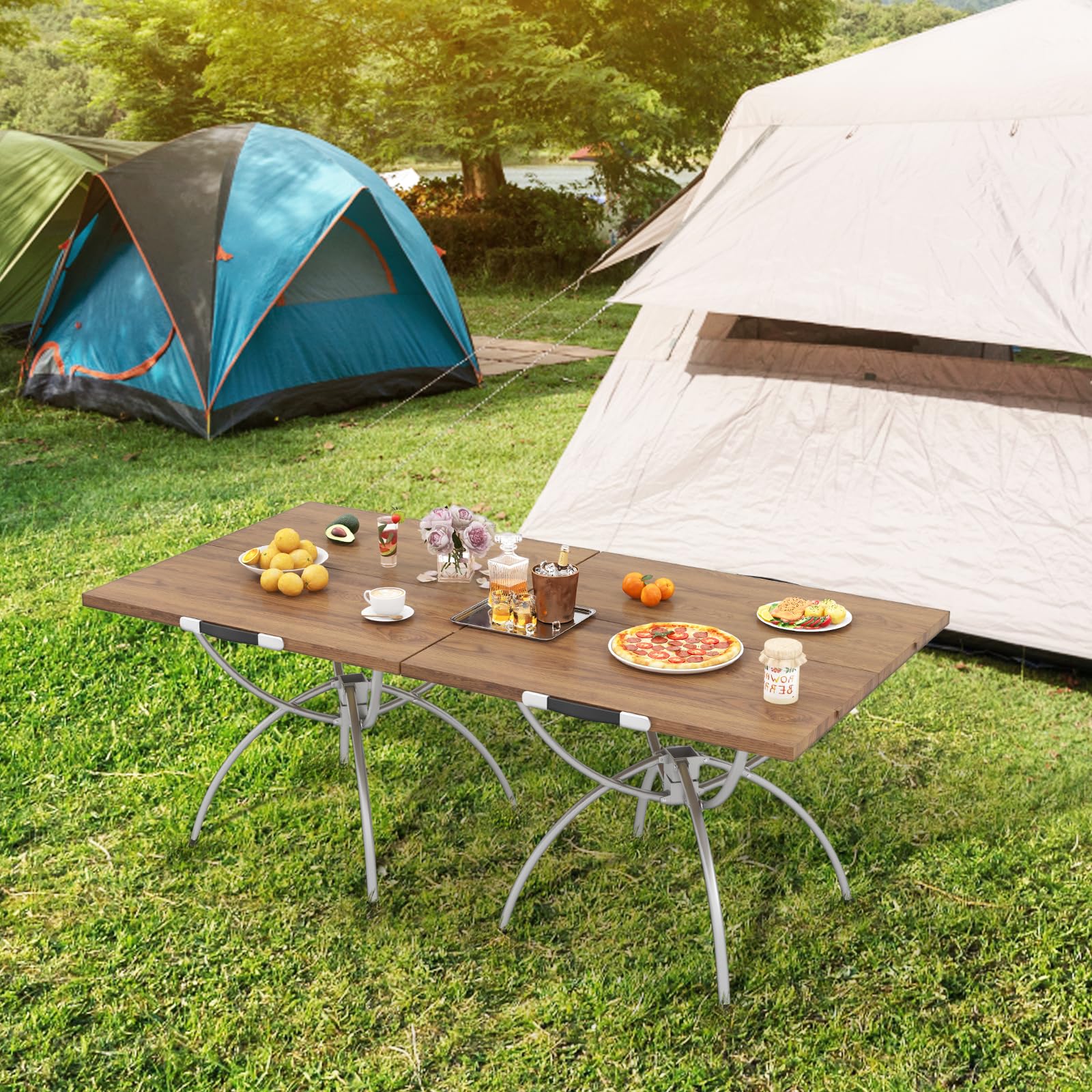 COSTWAY 2er Set Campingtisch klappbar, ausziehbarer Klapptisch mit Aluminiumgestell & Holzoptik, Falttisch mit Tragetasche, für Wandern, Picknick, Camping