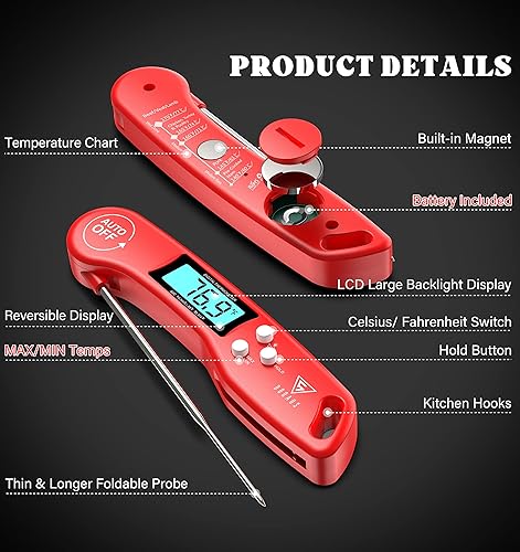 Miniatura 8 de DOQAUS Termómetro digital para carne, paquete de 2 termómetros de lectura instantánea para cocinar, sonda de cocina con pantalla retroiluminada y
