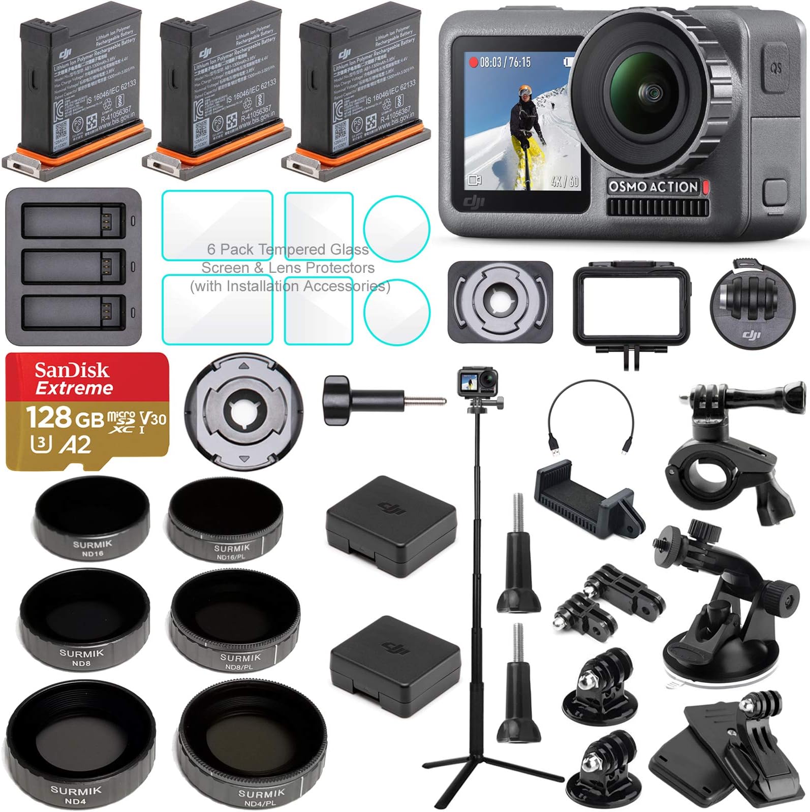 DJI OSMO Action Camera Bundle with 3 Batteries, Charging Hub, Adjustable Polarizer Filter Set, SD Card, Extension Rod/Selfie Stick, Tripod & Must Have Accessories (14 Items)