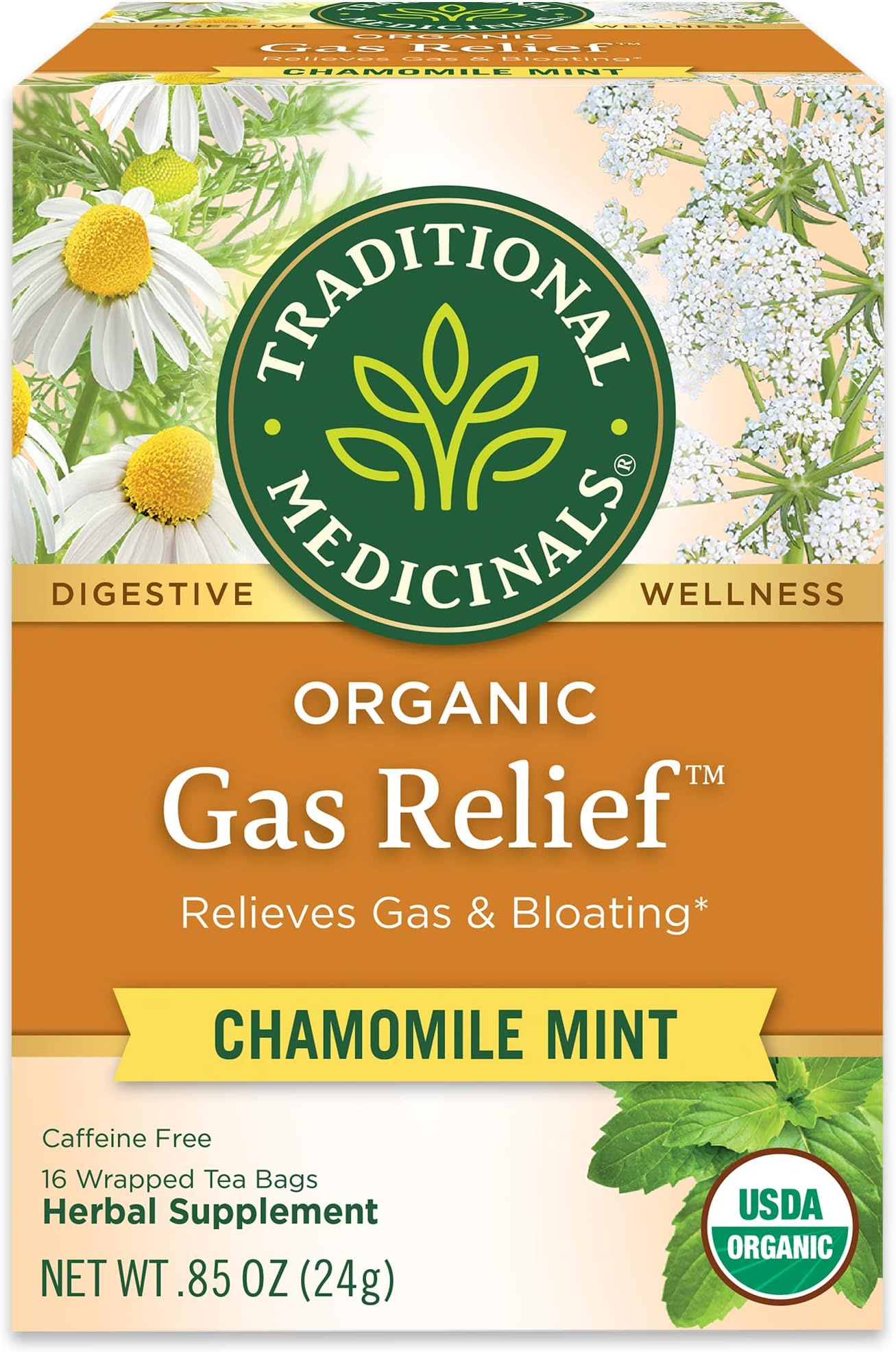 Tea, Organic Gas Relief - Relieves Gas & Bloating, Chamomile Mint - Kosher, Non-GMO, Caffeine-Free - 16 Tea Bags