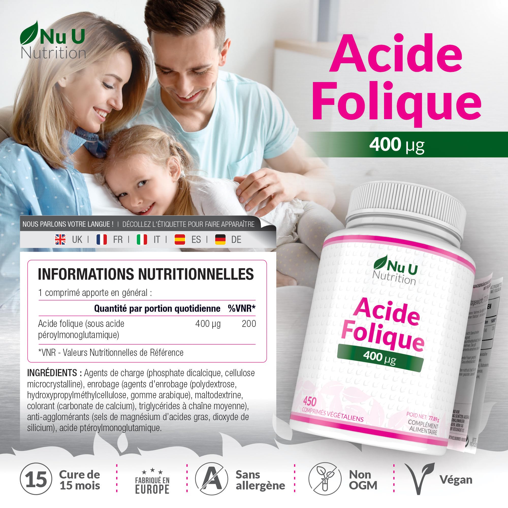 Acide Folique 400 µg – 450 Micro Comprimés Végétaliens – Cure de 15 Mois – Vitamine B9 Folate pour Femmes Enceintes – Supplément Prénatal – Fabriqué en Europe – Nu U Nutrition