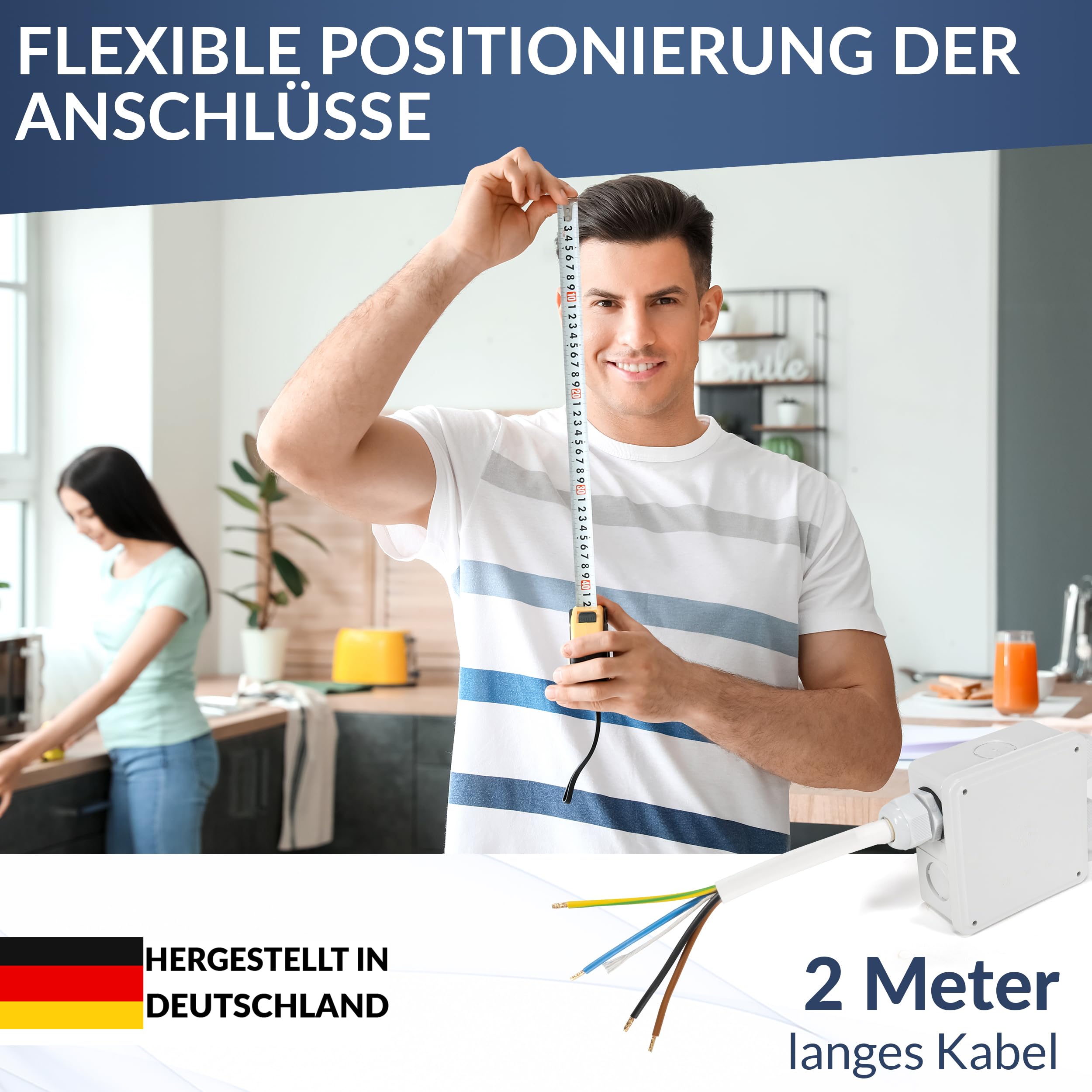 Hochwertige [Küchenanschlussbox, Splitter-Box] mit 2m Kabel Küchenanschlussverteiler [2-fach für Kochfeld & Backofen] an Herdanschlussdose IP40 hergestellt in Germany