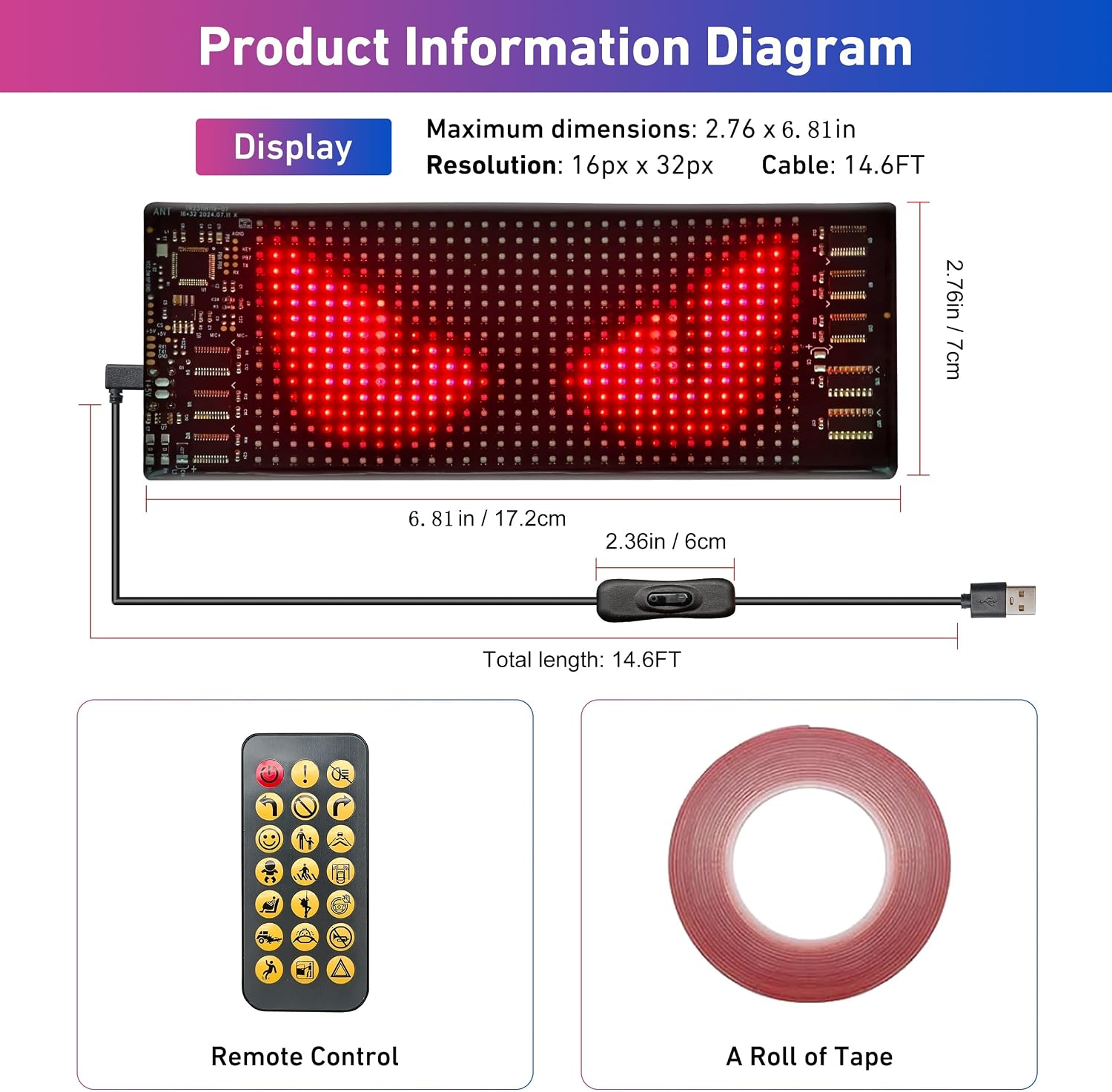 Mini Devil Eyes Light for Motorcycle, LED Sign for Car Flexible Programmable LED Matrix Panel,App & Remote Control, 6.81x2.76inch