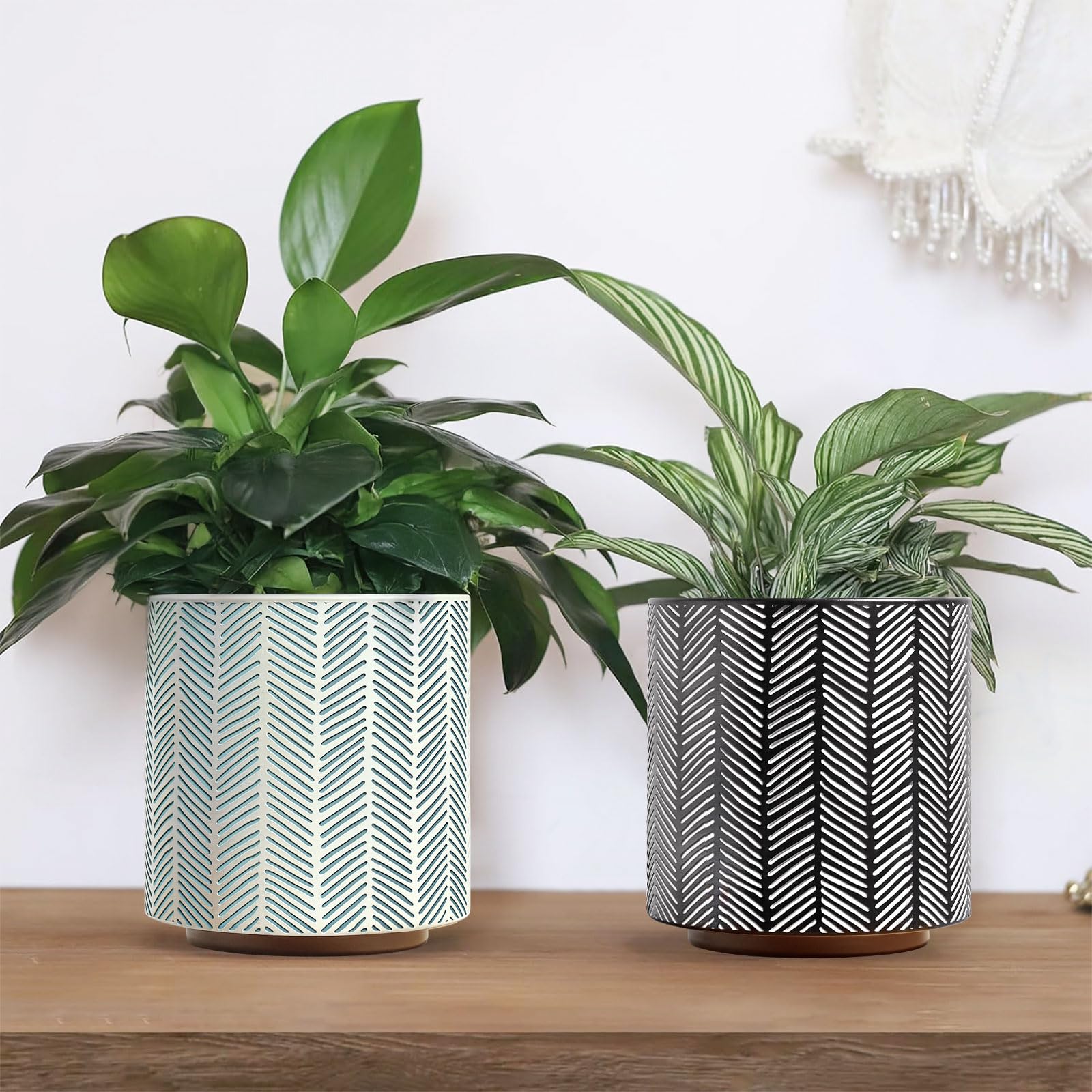 AmiCera Modern Slash Line Flower Pots, Vintage Geometric Planters for Indoor Plants Unique Plant Pot with Drainage - Image 2