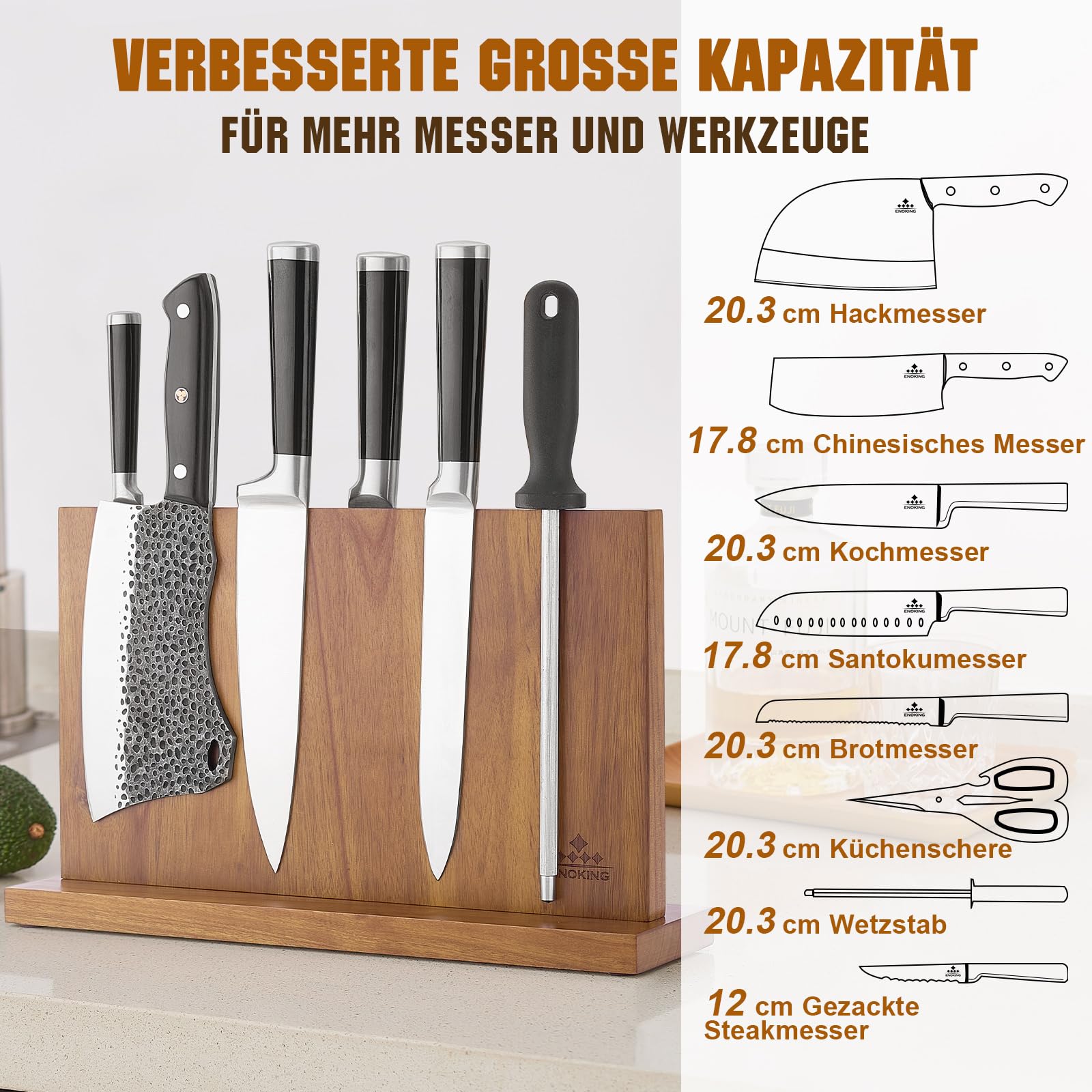 ENOKING Spitzenklasse Plus Messerblock Magnetisch Ohne Messer 38.6 x 23 cm, Doppelseitiger Magnet Messerhalter aus Akazienholz, Magnetischer Messerblock für Besteck-Display und Aufbewahrung