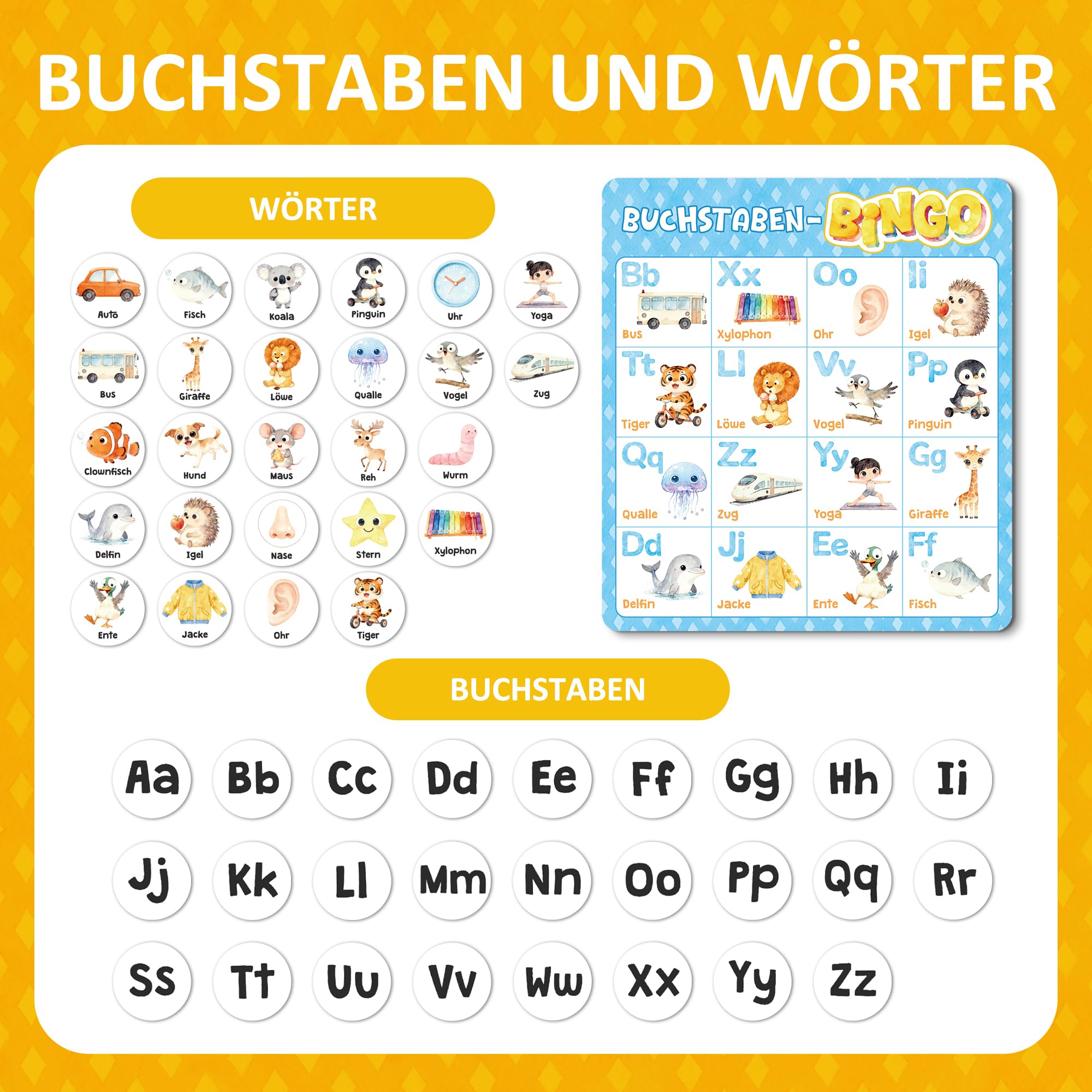 BIROYAL ABC Bingo Spiel Kinder ab 4 5 6 Jahre - Buchstaben Lernspiel für Schulanfänger - Lernspiel 1. Klasse - Gesellschaftsspiel Kinder - Einschulung Geschenk - Lernspielzeug