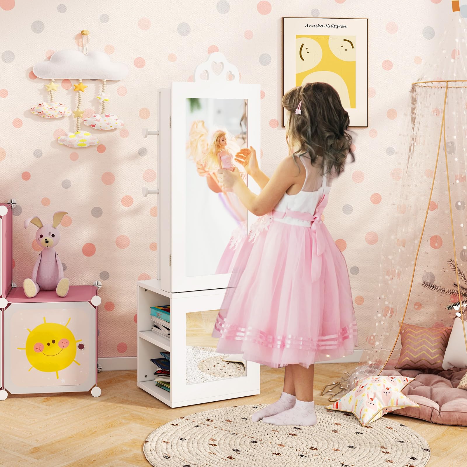 GOPLUS Armario de Joyería para Niños con Espejo de Cuerpo Entero, Organizador de Joyería Infantil de Pie con Perchero, Sistema Antivuelco, Armario de Joyería Princesa para Dormitorio (Blanco)