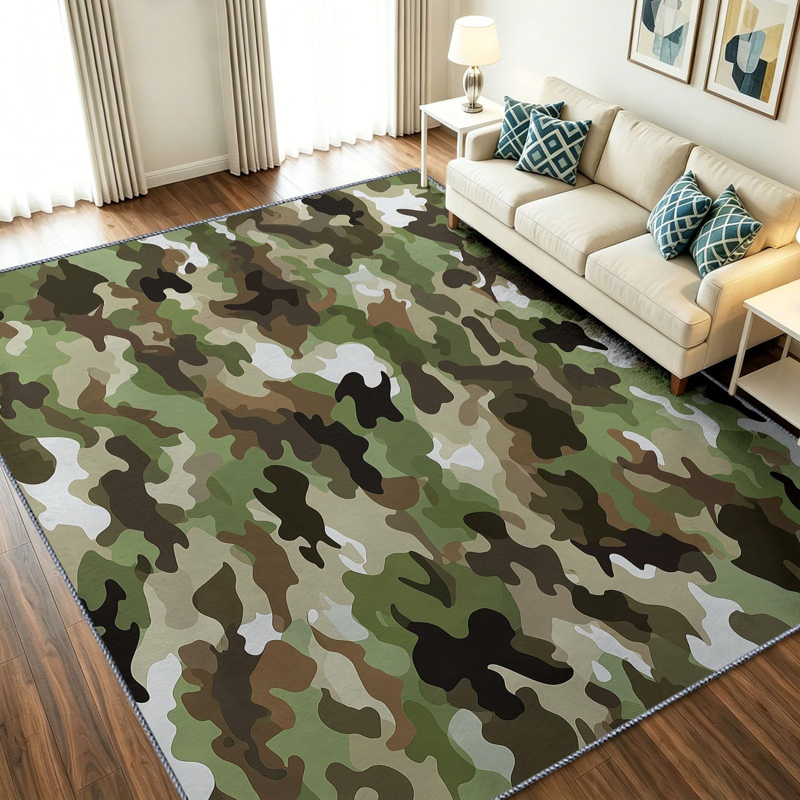 Tapis salon poils ras doux motif camouflage vert moderne 120x180
