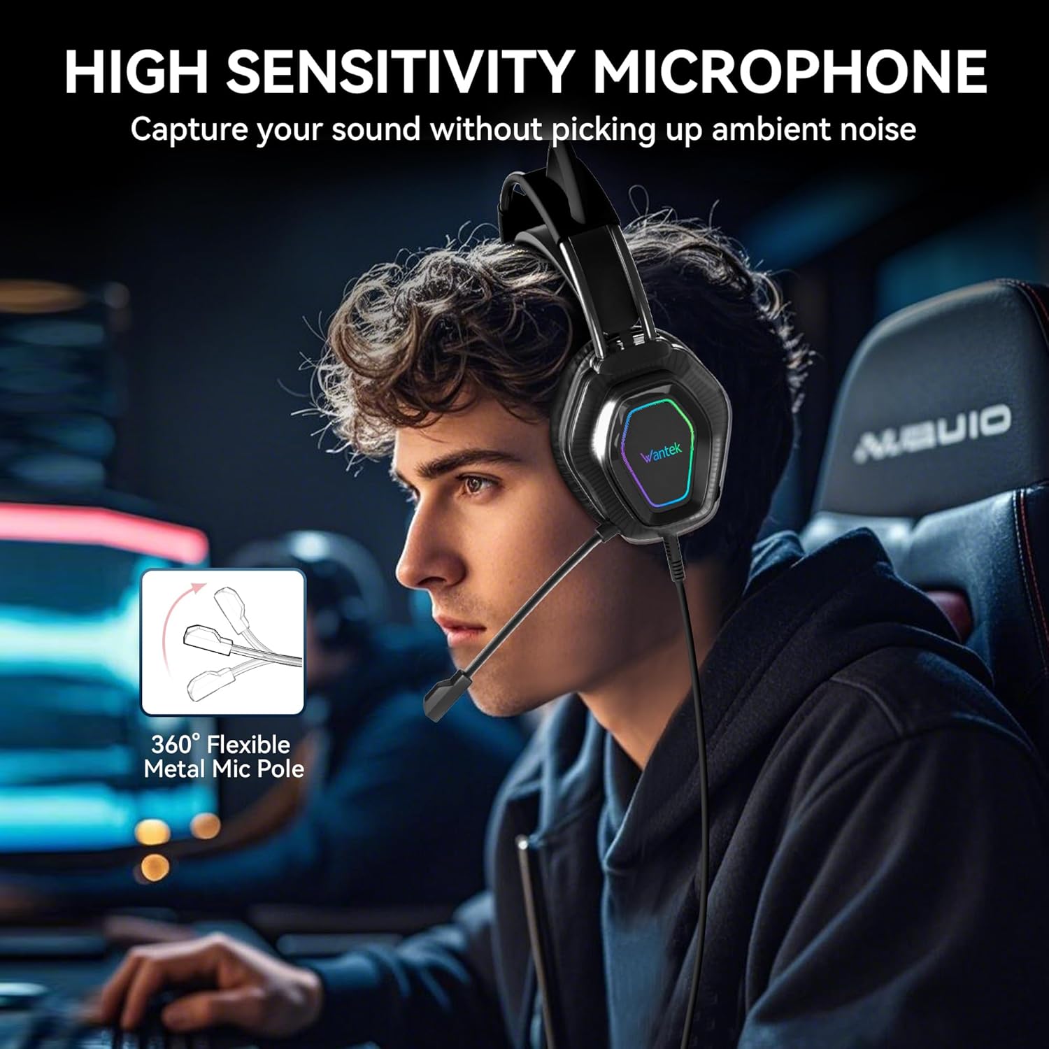 User wearing Wantek Cat-Ear Gaming Headset V10, demonstrating flexible microphone