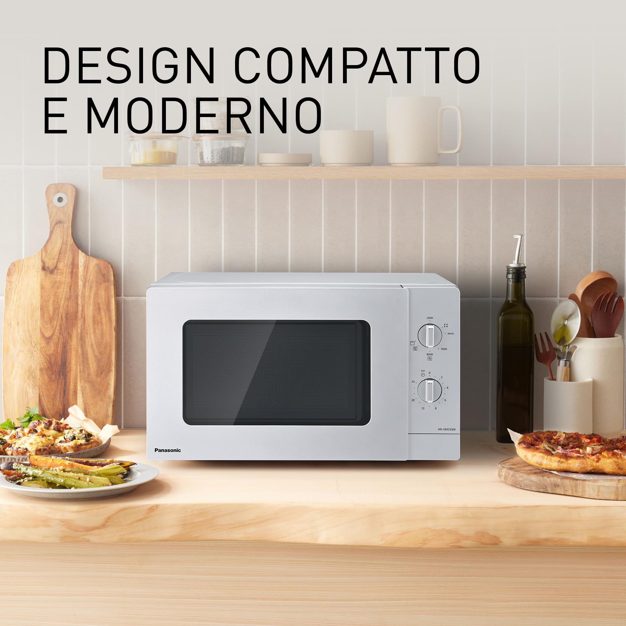 Panasonic NN-GM23QMEPG Forno a Microonde Grill 20L con Piatto in Vetro e Griglia Metallica, 800W, Grill 1000W, Impostazione Scongelamento, Controllo Dial, Quick 30, Timer, Argento