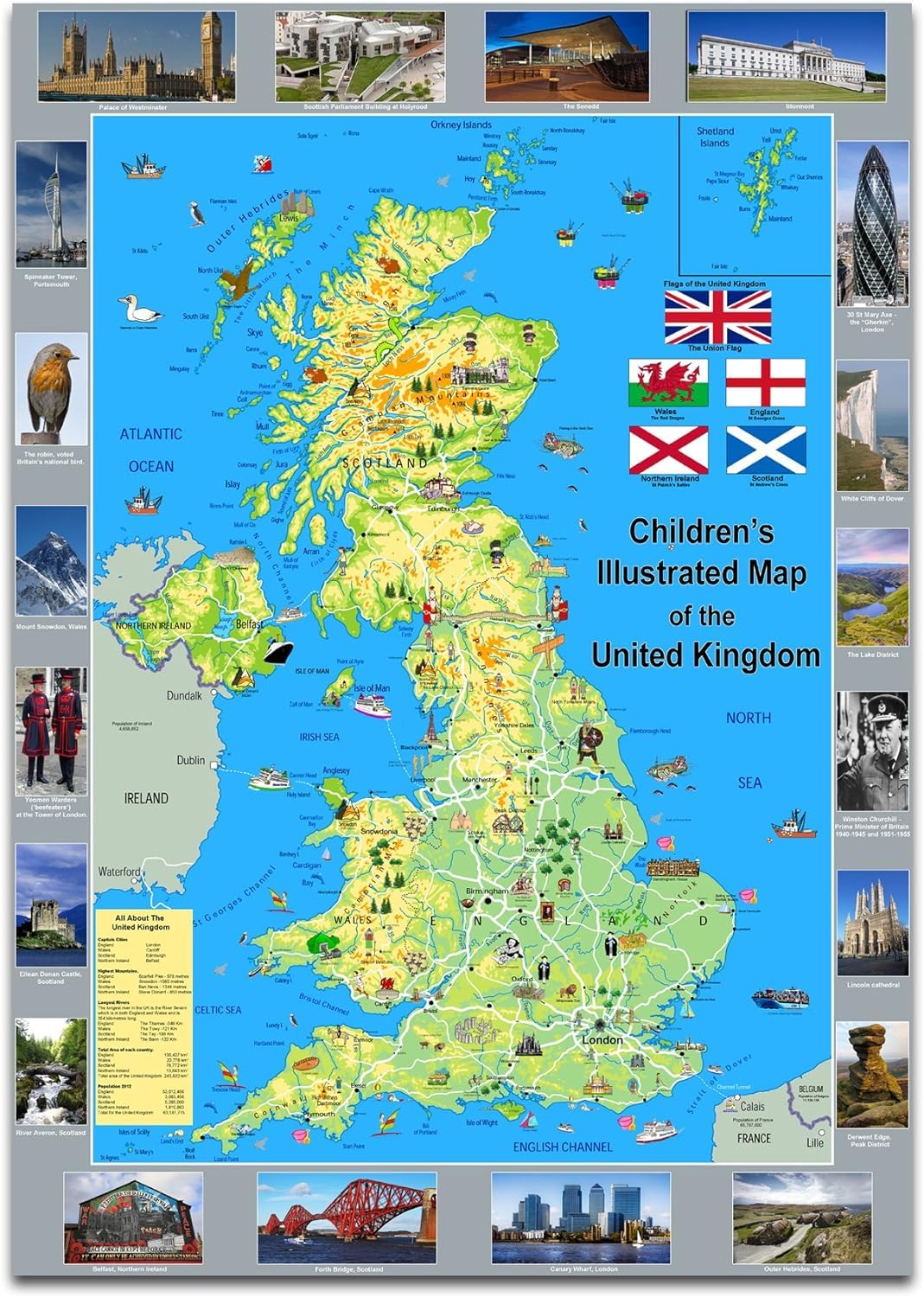 Children's Pictorial Illustrated Map of the United Kingdom - Paper Laminated (A0 Size 84.1 x 118.9 cm)