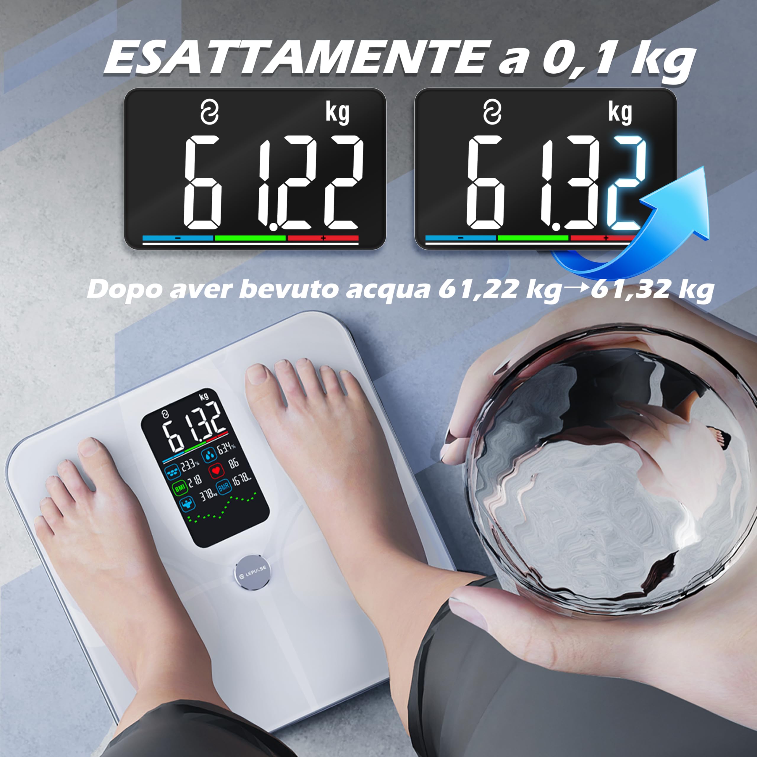Lepulse Bilancia Impedenziometrica, Bilancia Intelligente Display Grande, Analisi Grasso Corporeo, Massa Muscolare, IMC, 22 Misurazioni, con App